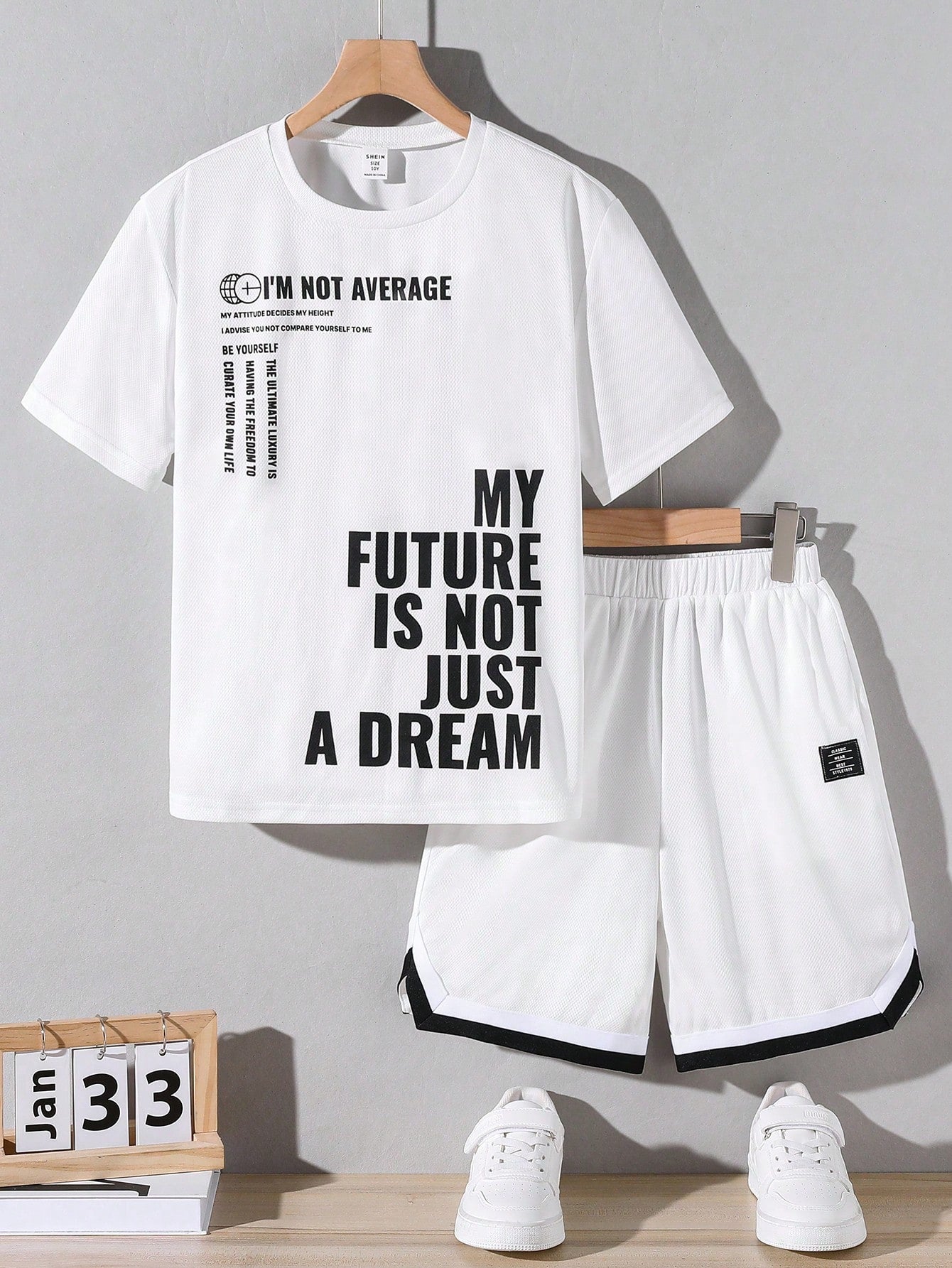 Teen Boy Casual Street Style Loose Fit Short Sleeve T-Shirt With Printed Letters, Spliced With Knitted Shorts Set