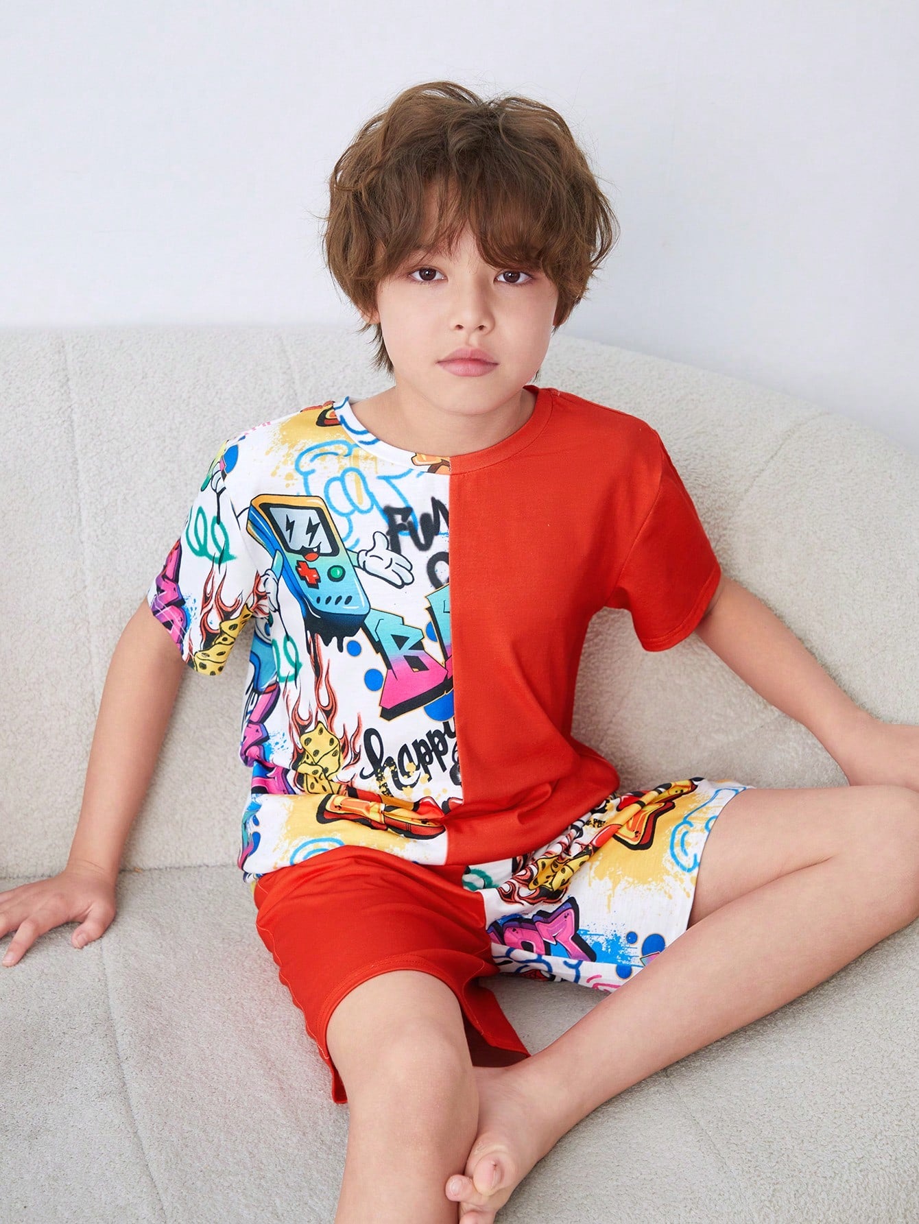 Tween Boy Graffiti Patchwork Short Sleeve Shirt And Shorts Casual Trendy Casual Comfortable Homewear Sleepwear Set, 2pcs