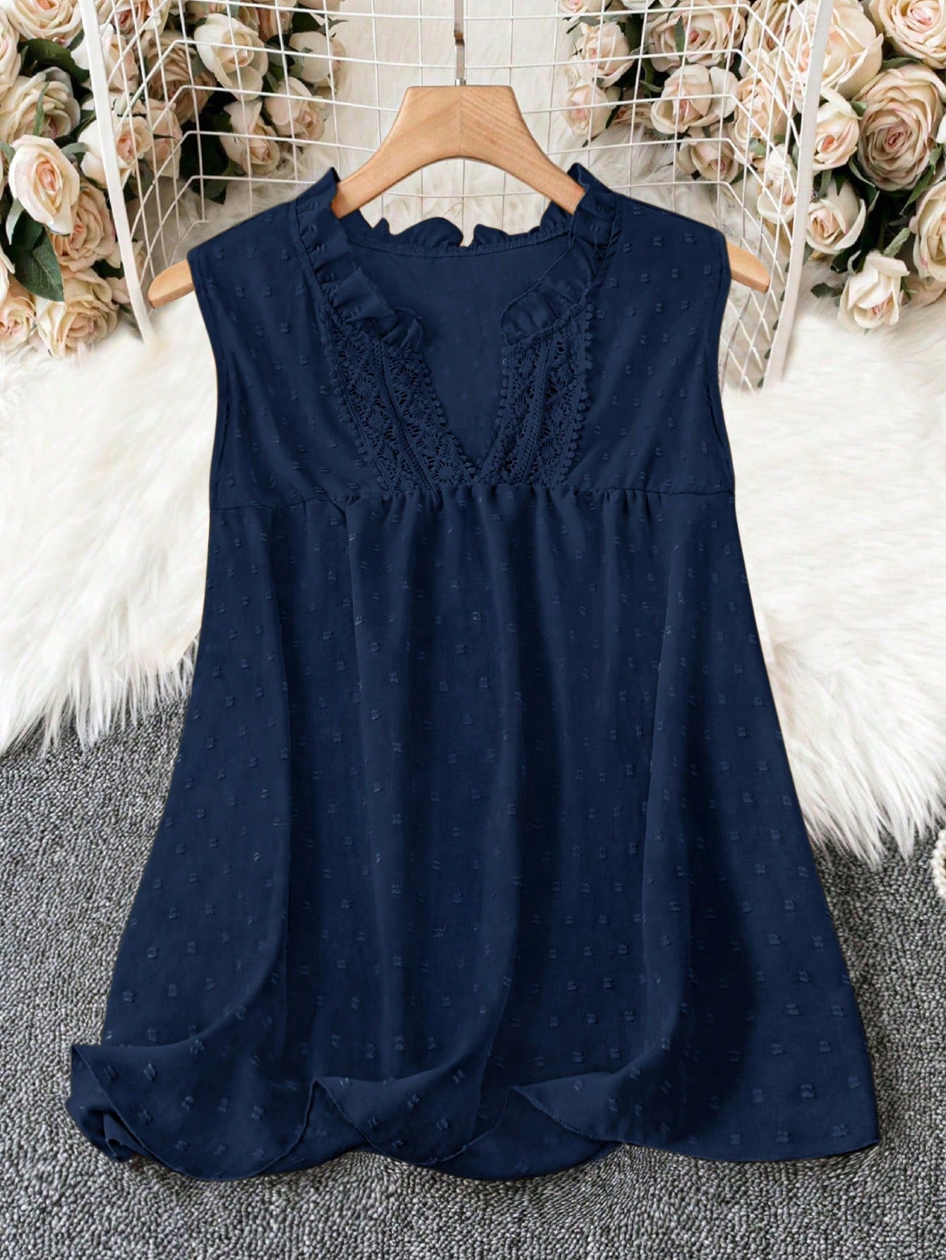 Summer Plus Size Women Loose Elegant Shirt With Spliced Lace, Ruffle Hem And V-Neckline, Sleeveless