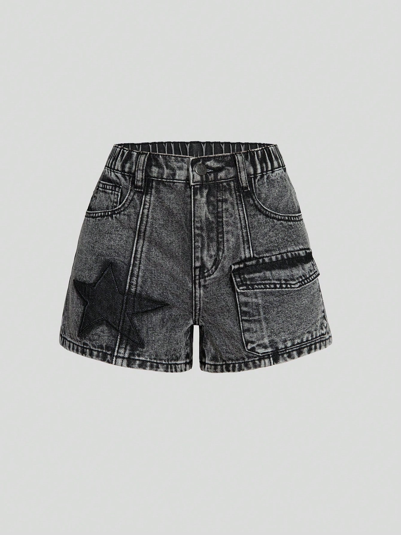 Tween Girl Fashionable Embroidered Denim Shorts With Star Pattern