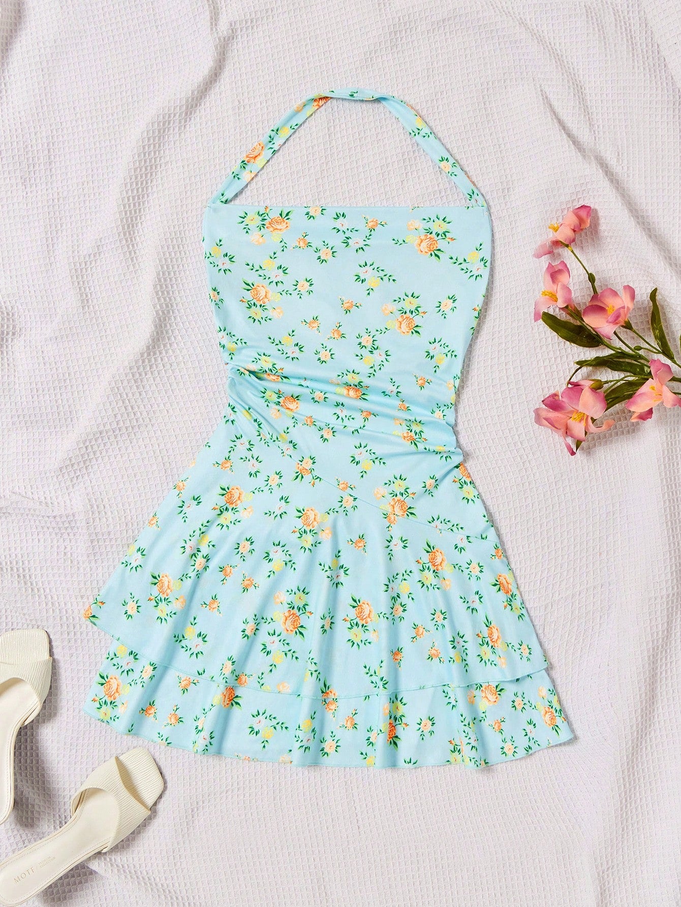 Vacation Style Floral Print Halter Neck Dress With Cinching Waist