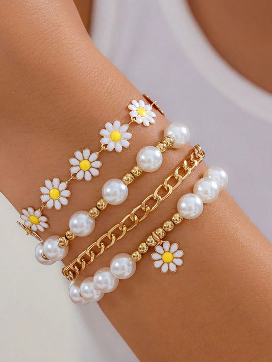 4pcs Girls'  Folding With Love Beaded Handwork Bohemian Vintage Daisy Bracelet Anklet, Suitable For Beach Holiday Handwork And Foot Accessories