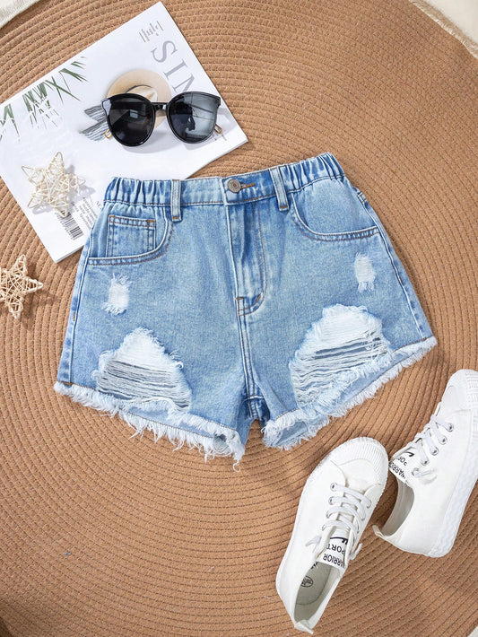 Tween Girl Casual Fashionable Distressed Denim Shorts, Water Washed, Summer