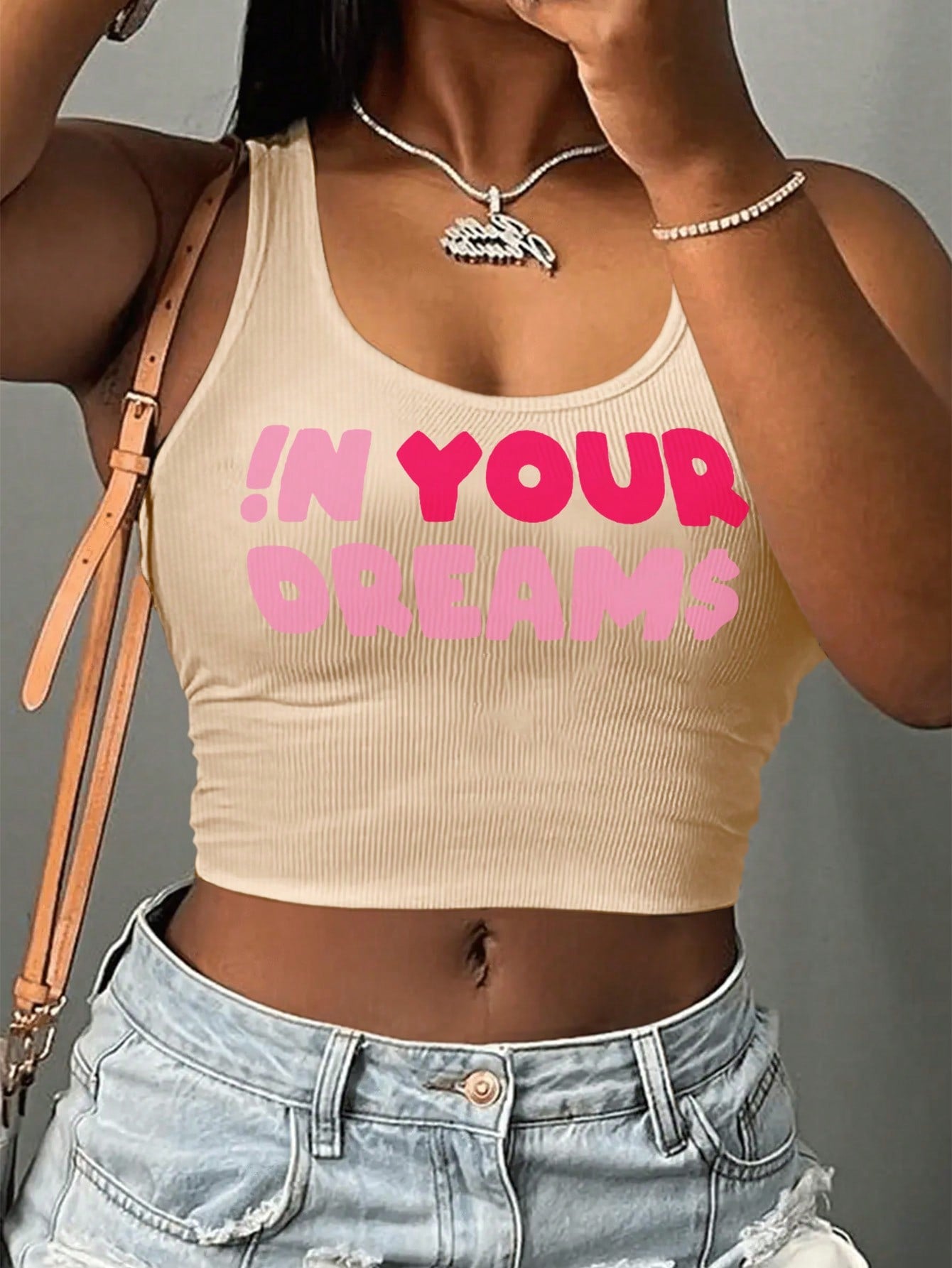 Women Fashionable Summer Pink Printed Crop Tank Top With Rib-Knit Pattern YOUR DREAMS