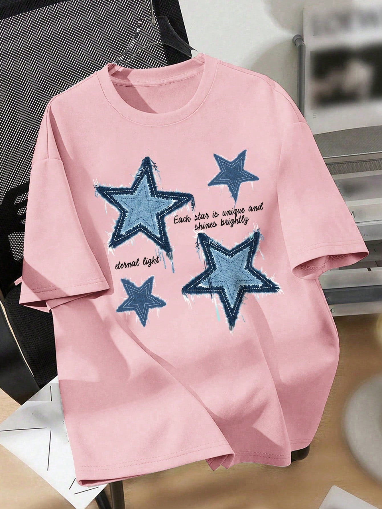 Teen Girls' Casual Simple Loose Fit Short Sleeve T-Shirt With Five-Pointed Star Pattern, Suitable For Summer