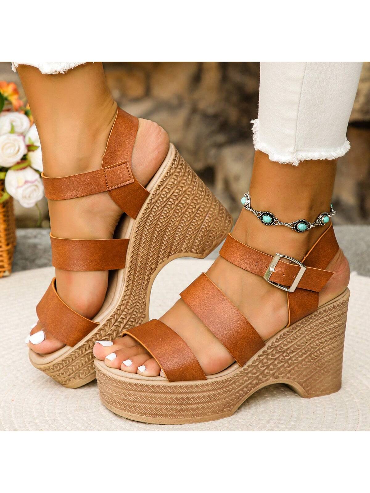 Women's Wedge Heels Thick-Soled Sandals, Fashionable And Versatile Design, Suitable For Summer And Autumn, Roman Style, Lightweight, Comfortable And Fashionable For Pairing With Dresses