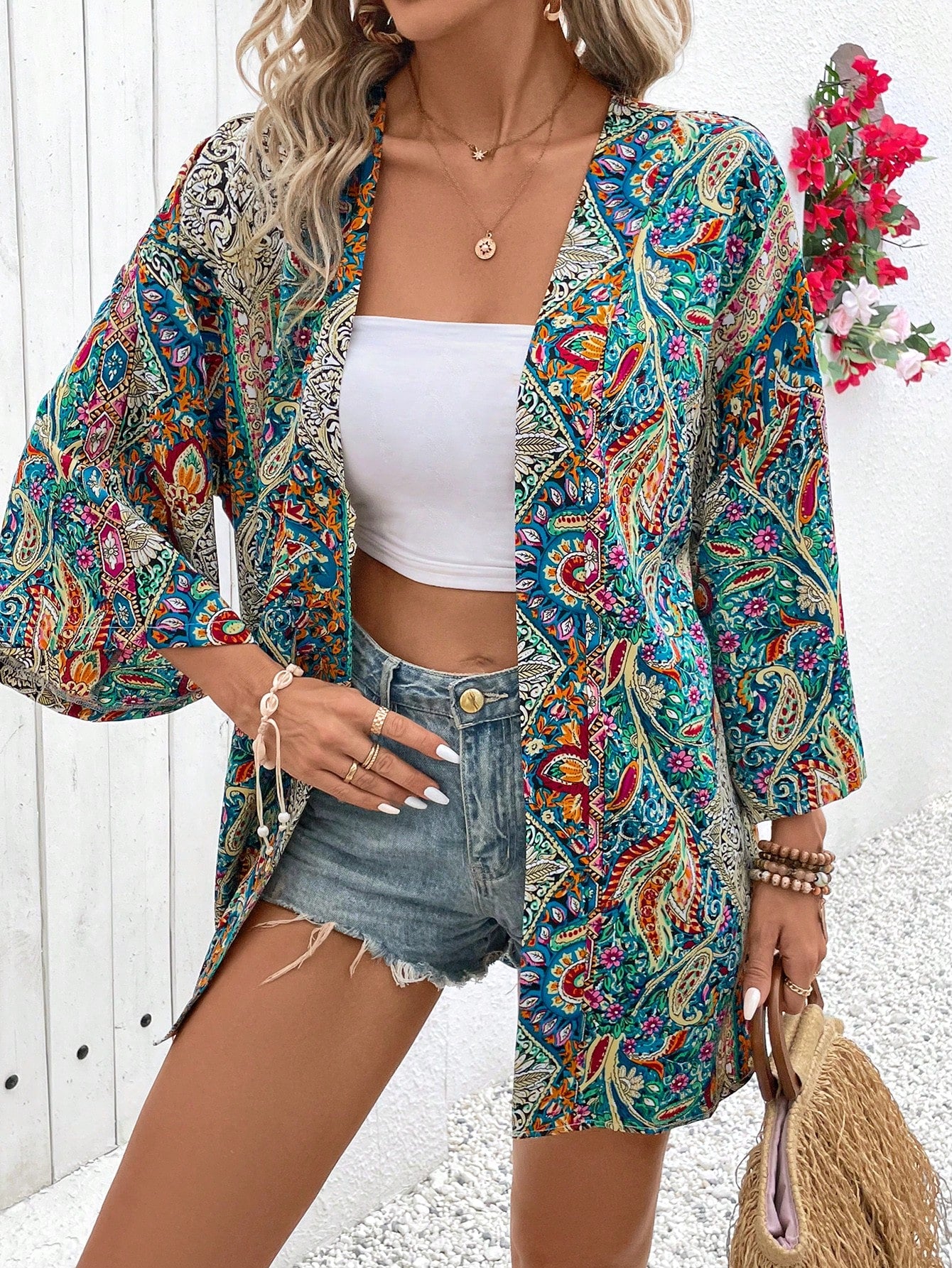 Paisley Print Batwing Sleeve Open Front Kimono