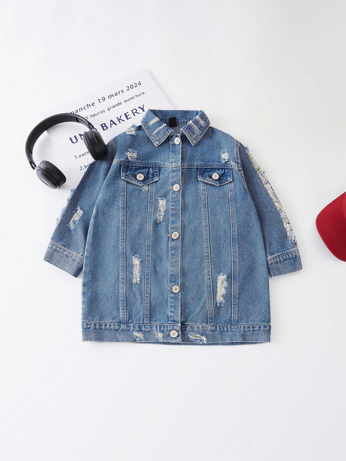 Young Girl Spring New Washed Long Fitting Distressed Denim Jacket, Hip-Length