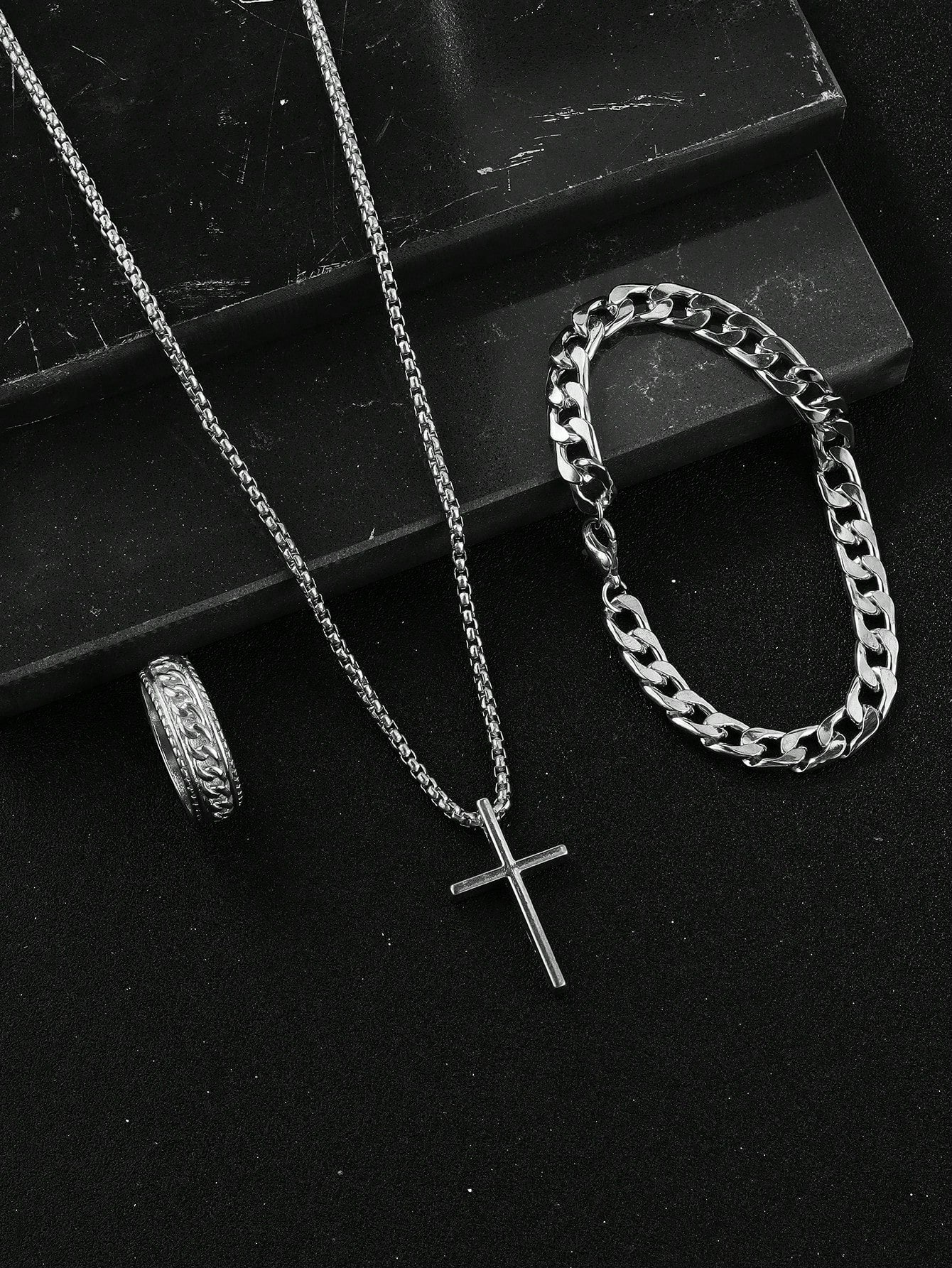 3pcs Boys' Cross Pendant Necklace Set Including Bracelet And Necklace, Sporty Style