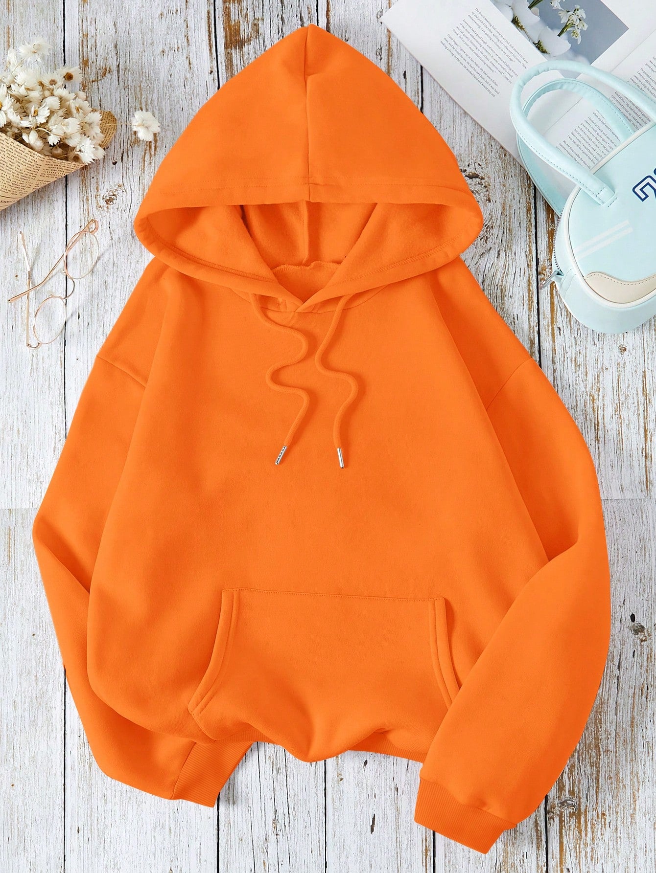 Solid Kangaroo Pocket Drawstring Thermal Lined Hoodie