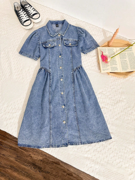 Tween Girl Retro Casual Schoolgirl Style Waist Ruched Button-Front Denim Shirt Dress