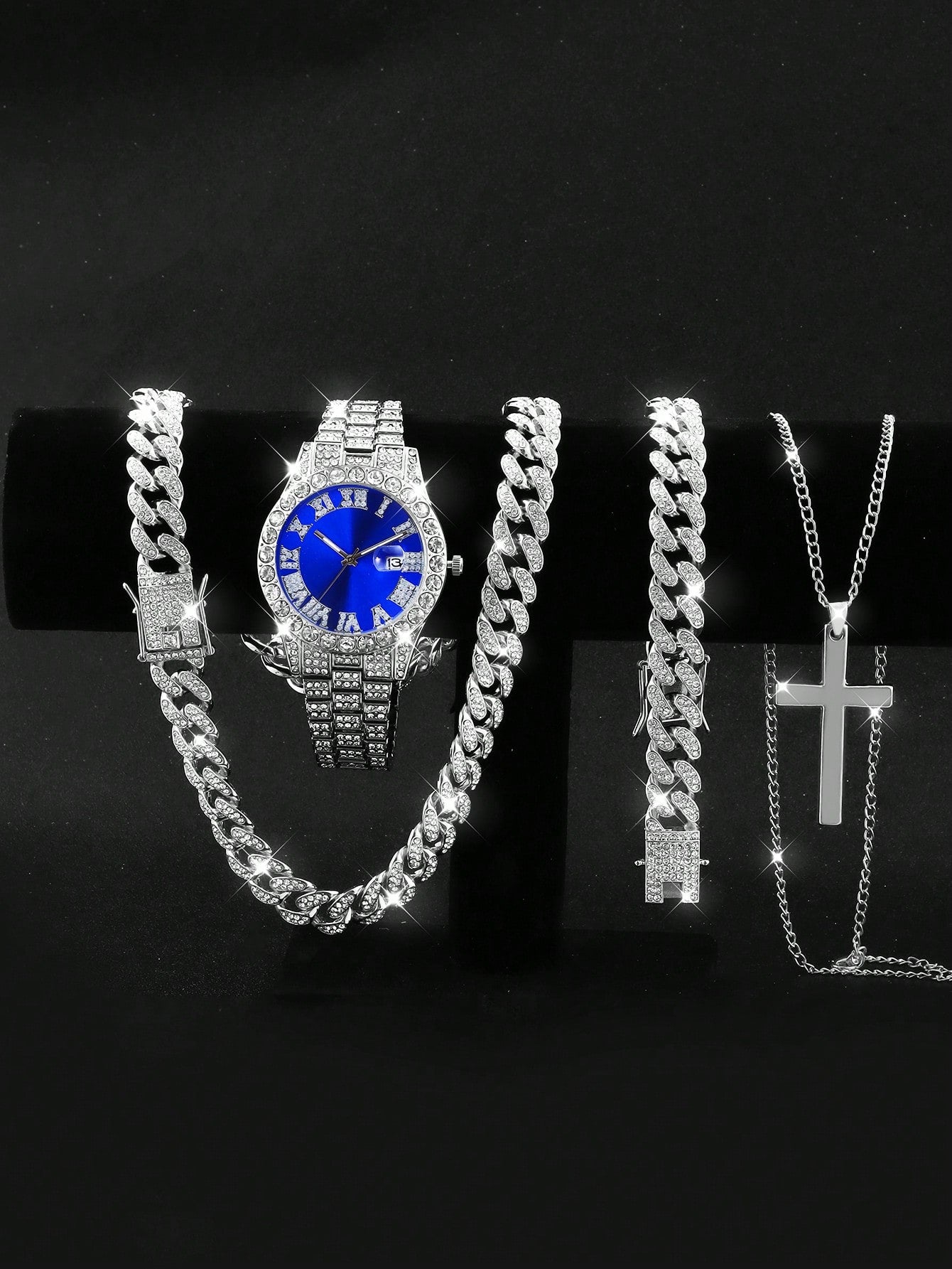 4pcs Toddler Boys' Hip Hop Chain Set Including Stylish Watch, Necklace, And Bracelet, Father's Day Gift