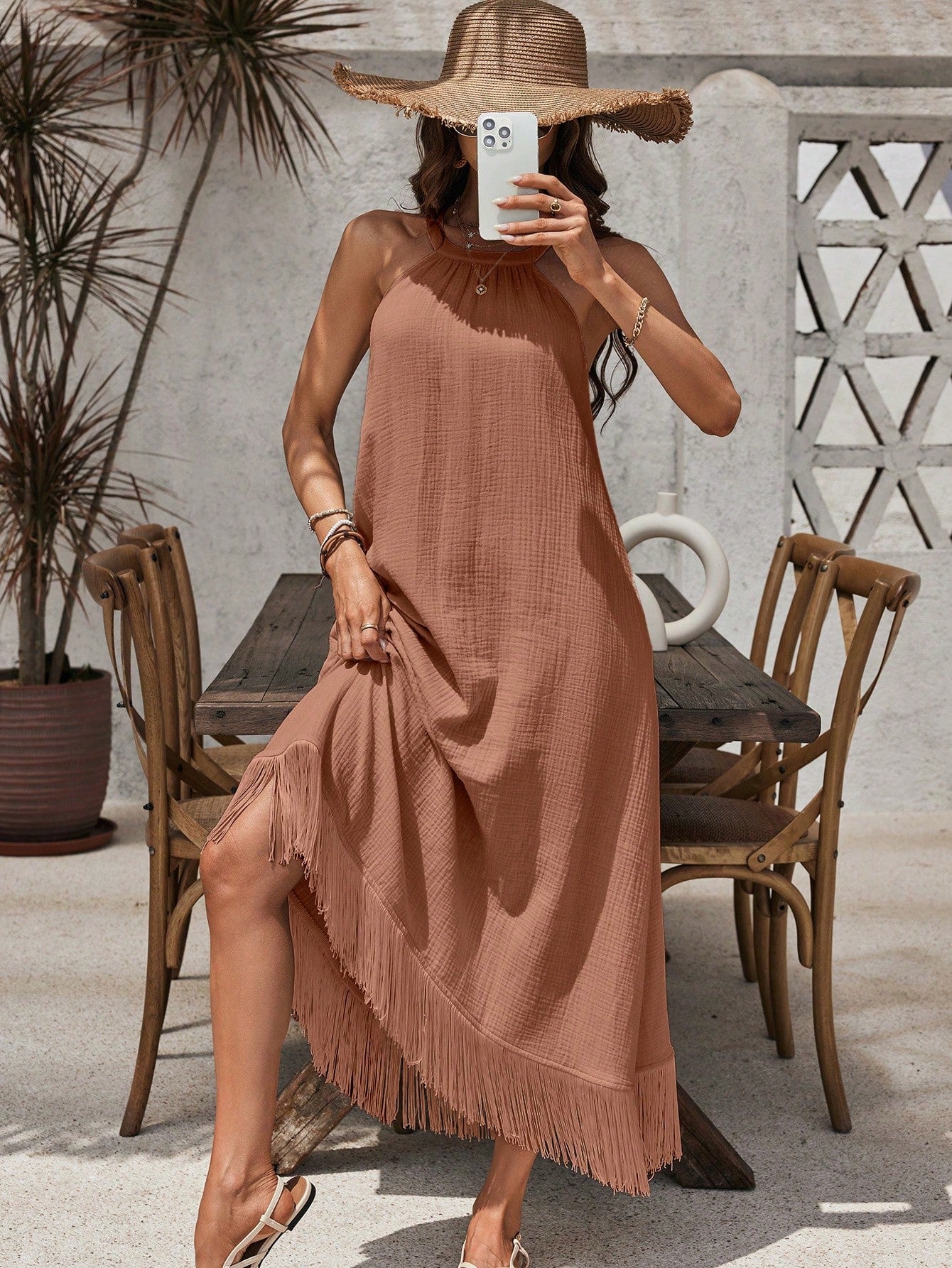 Summer Seaside Casual Vacation Long Cotton And Linen Dress With Tassel Hem And Halter Neck