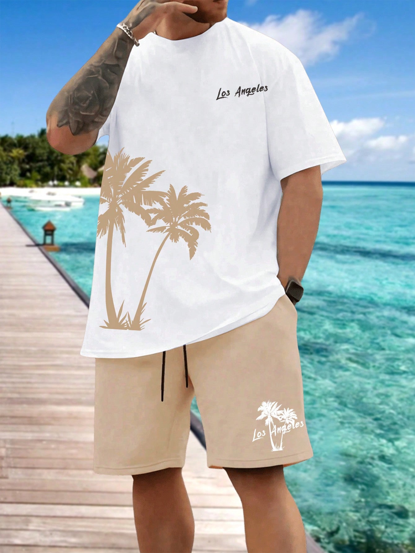 Men's Plus Size Coconut Tree Printed Round Neck Short Sleeve T-Shirt And Shorts Set, Summer