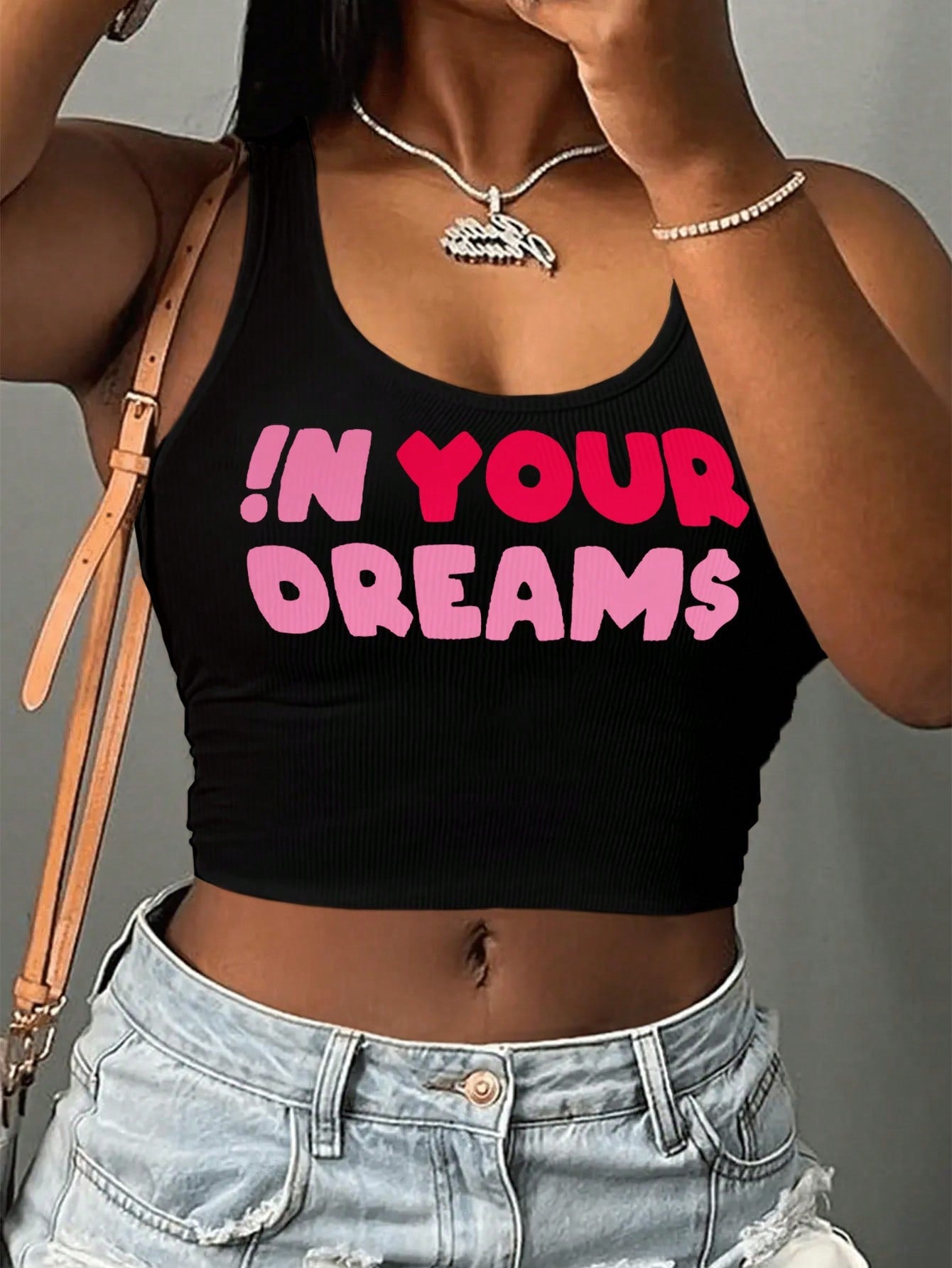 Women Fashionable Summer Pink Printed Crop Tank Top With Rib-Knit Pattern YOUR DREAMS