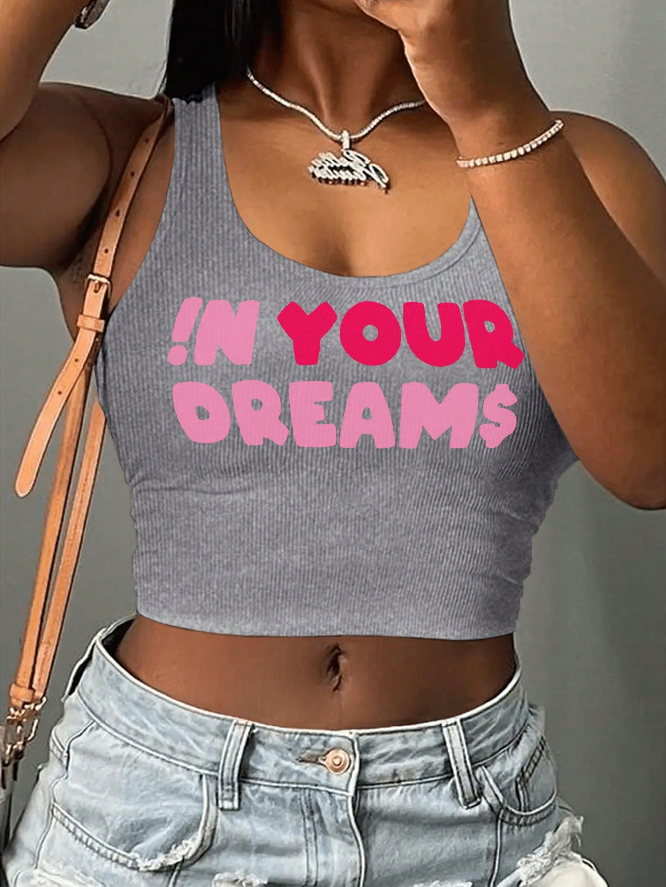 Women Fashionable Summer Pink Printed Crop Tank Top With Rib-Knit Pattern YOUR DREAMS