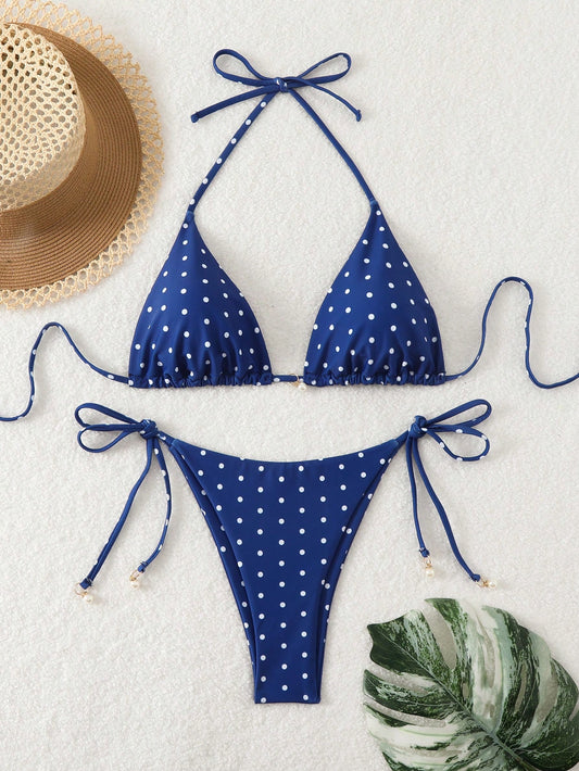 Women's Summer Beach Polka Dot Halter Neck Sexy Bikini Set, Random Print