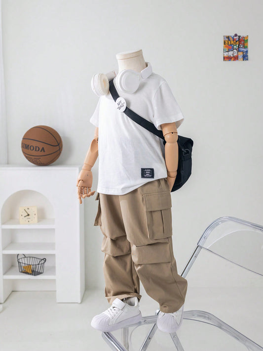 Young Boy Loose Casual Comfortable Woven Solid Color Cargo Pants