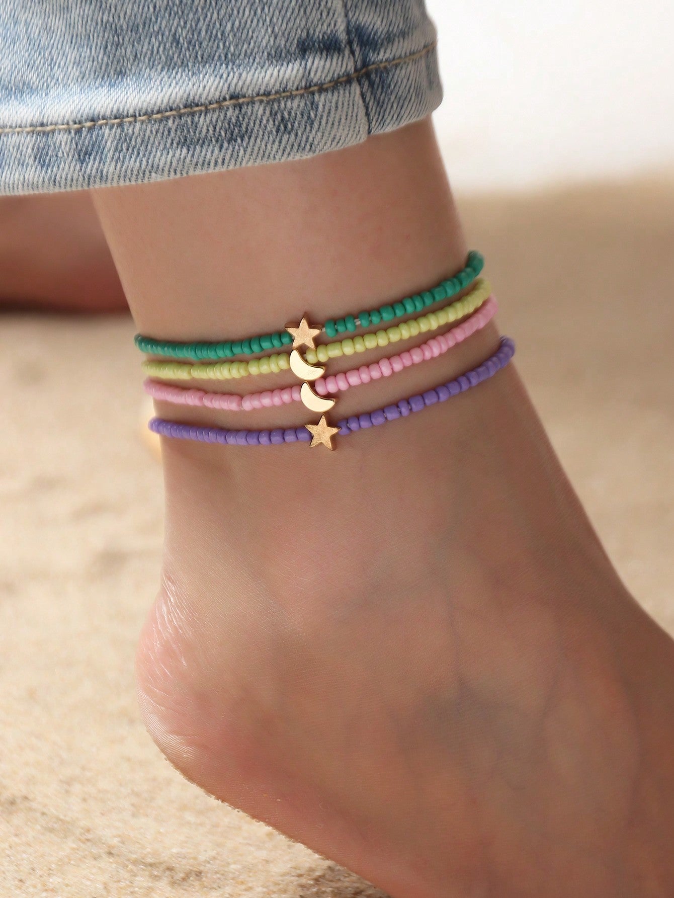 4pcs/Set Children's Summer Beach Bohemian Colorful Beaded Anklets, With Moon, Star And Butterfly Pendant For Girls