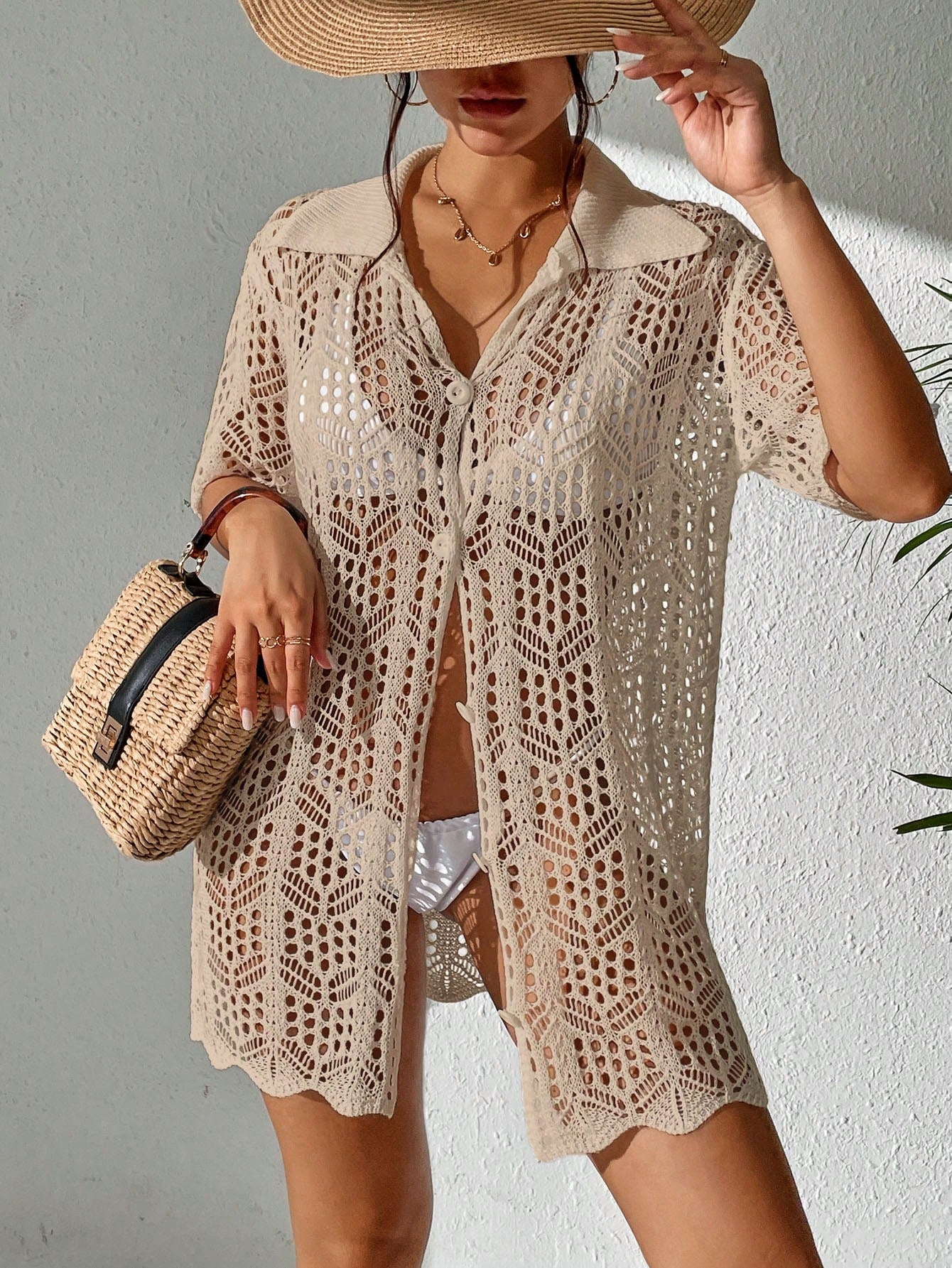 Swim Women Knitted Button-Up Short Sleeve Summer Beach Vacation Casual Kimono