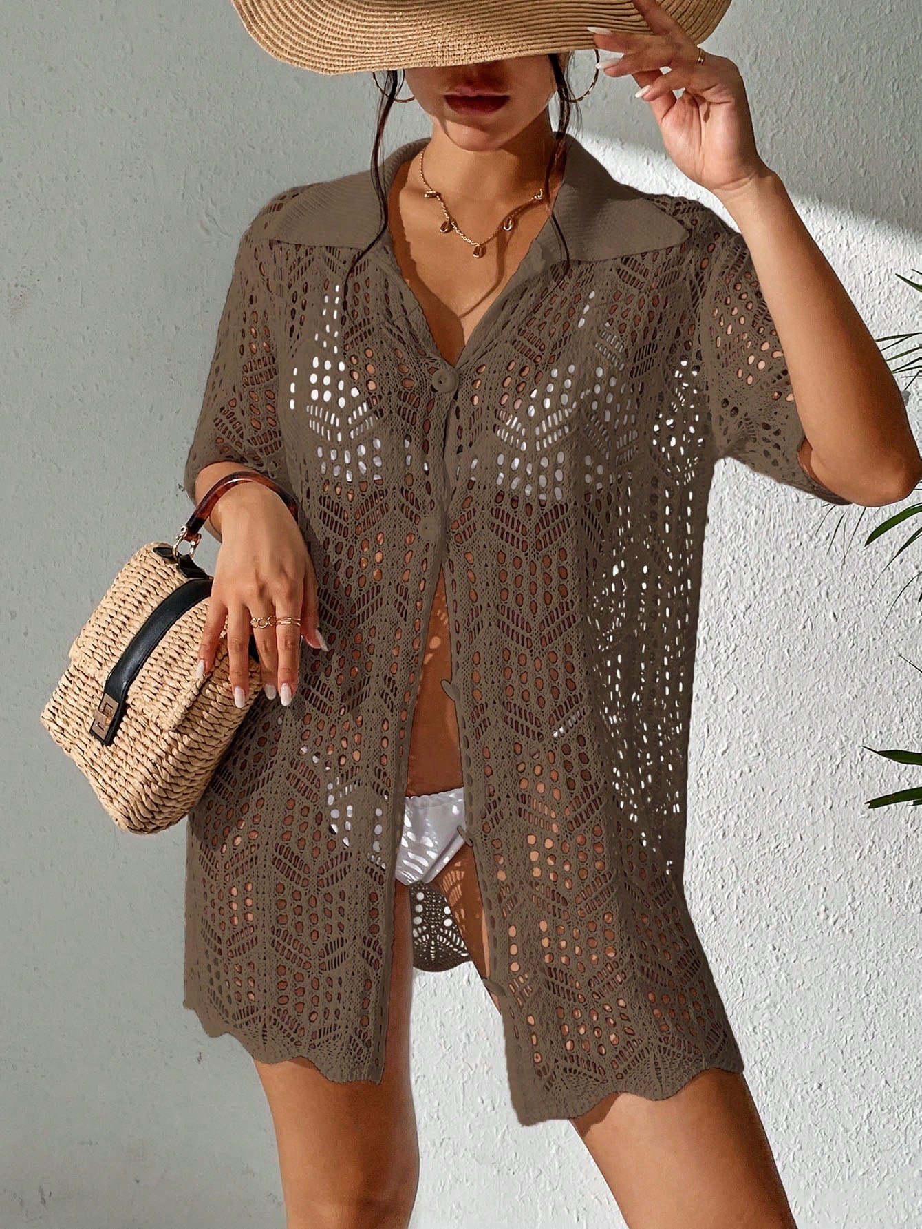 Swim Women Knitted Button-Up Short Sleeve Summer Beach Vacation Casual Kimono