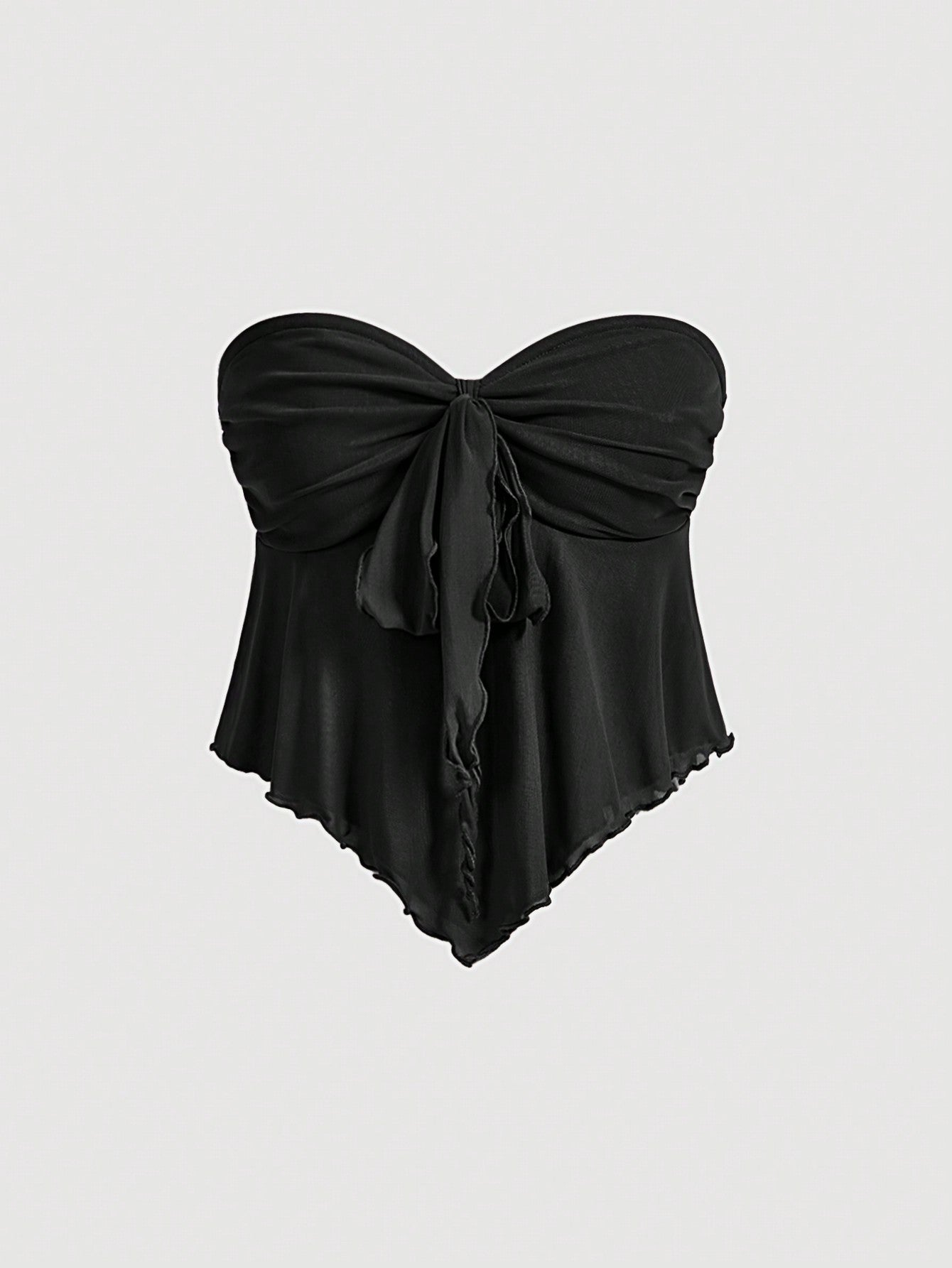 Women's V-Shaped Hem Mesh Strapless Top With Bow Belt