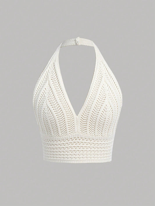 Teen Girl Knit Jacquard White V-Neck Knitted Vest With Halter