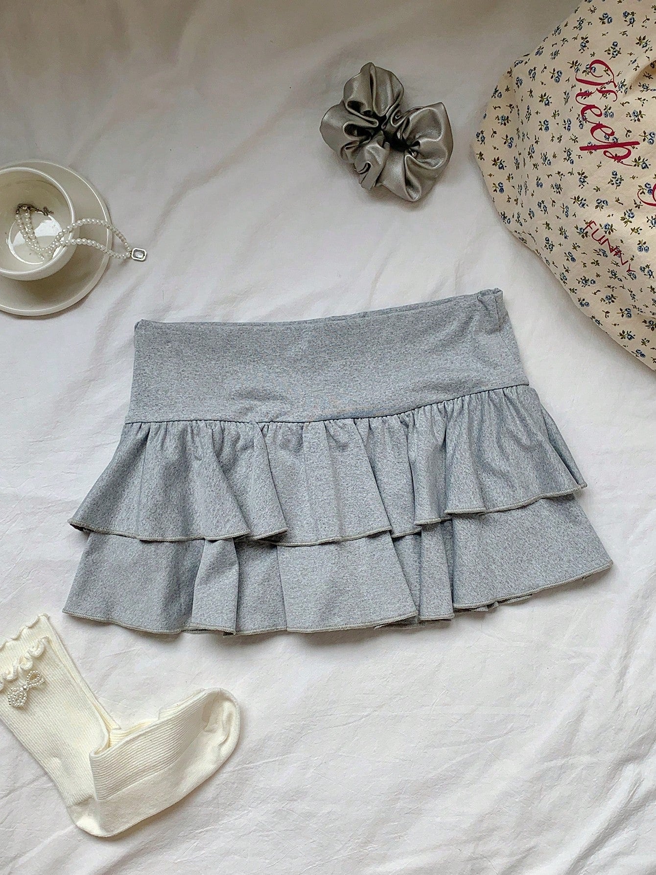 Women Solid Color Double Layer Ruffle Hem Mini Skirt For Summer