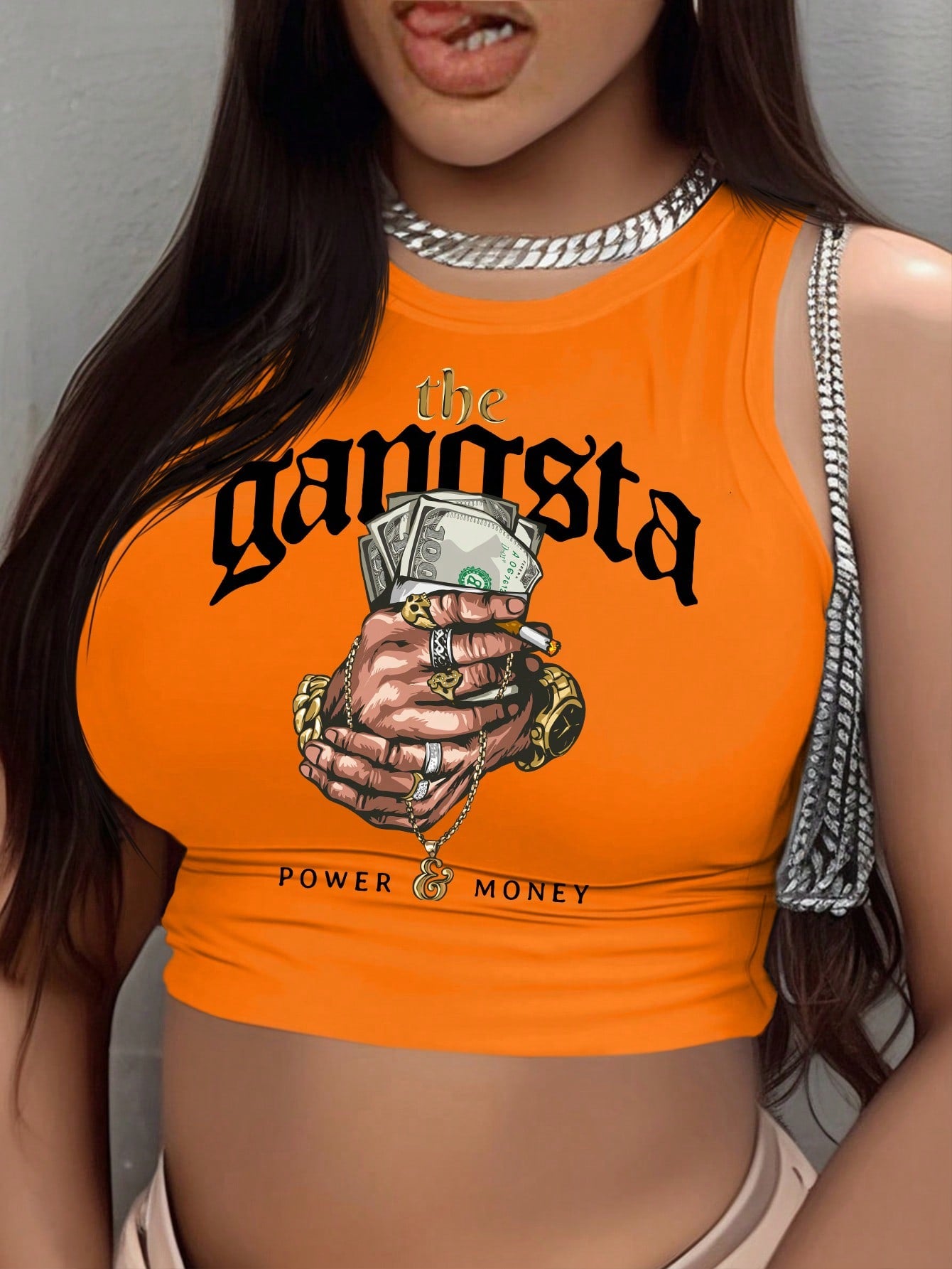 Sleeveless Women's Round Neck Crop Top With Hand & Letter Prints, Slim Fit, Suitable For Summer The Gangsta POWER & MONEY