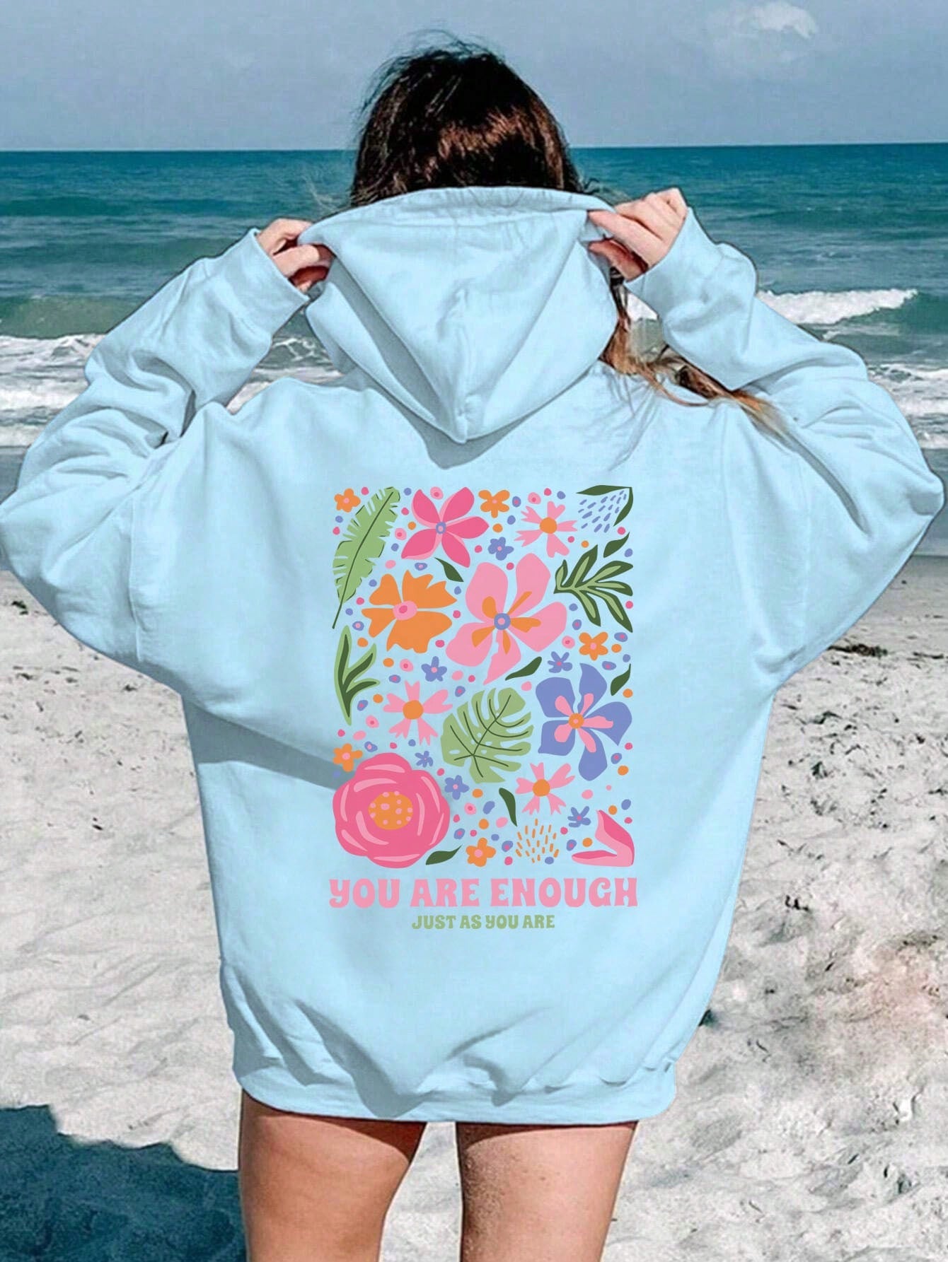 Holiday/Leisure Flower & Plant Slogan Printed Hoodie With Drawstring And Fleece Lining