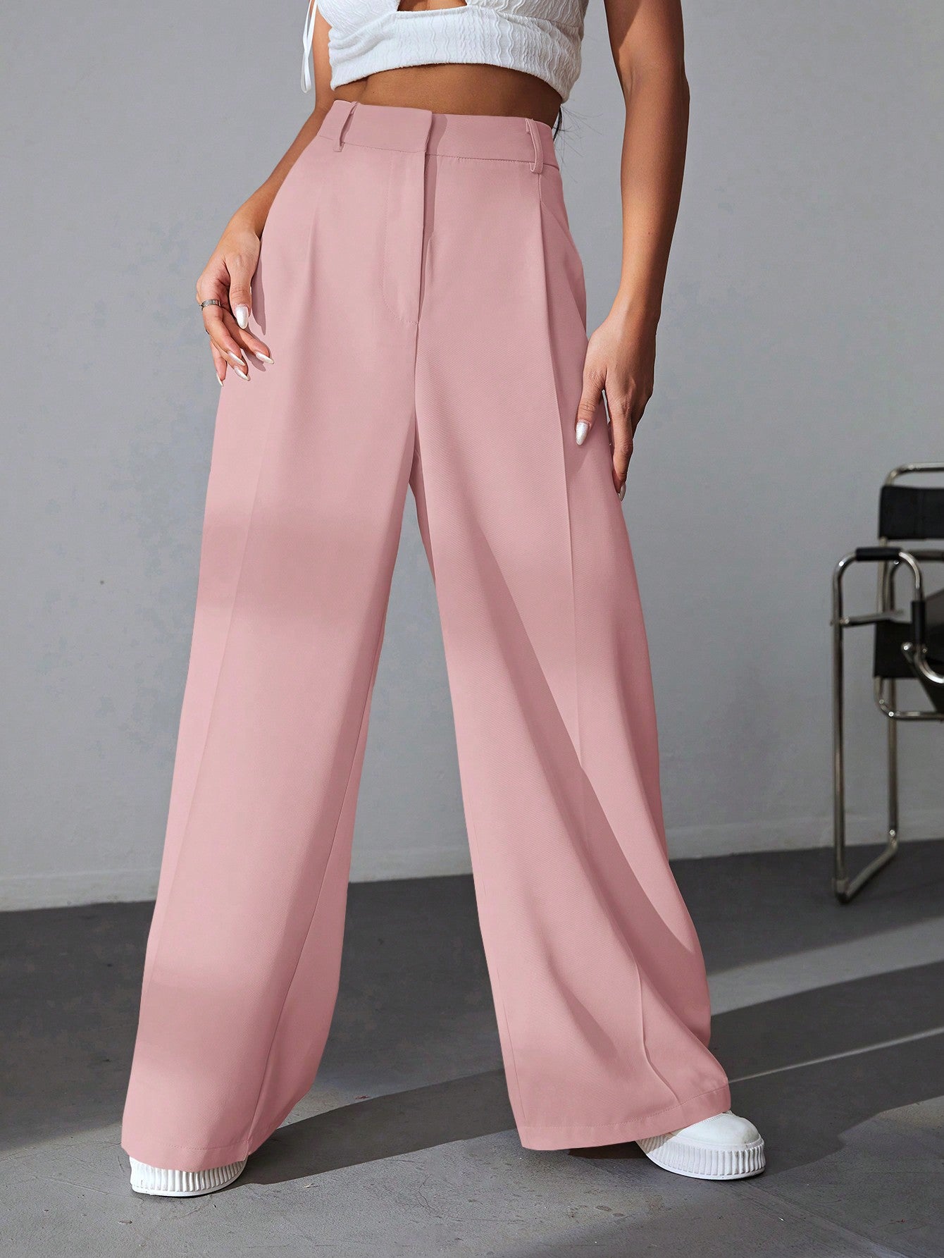 Solid Wide Leg Dress Pants