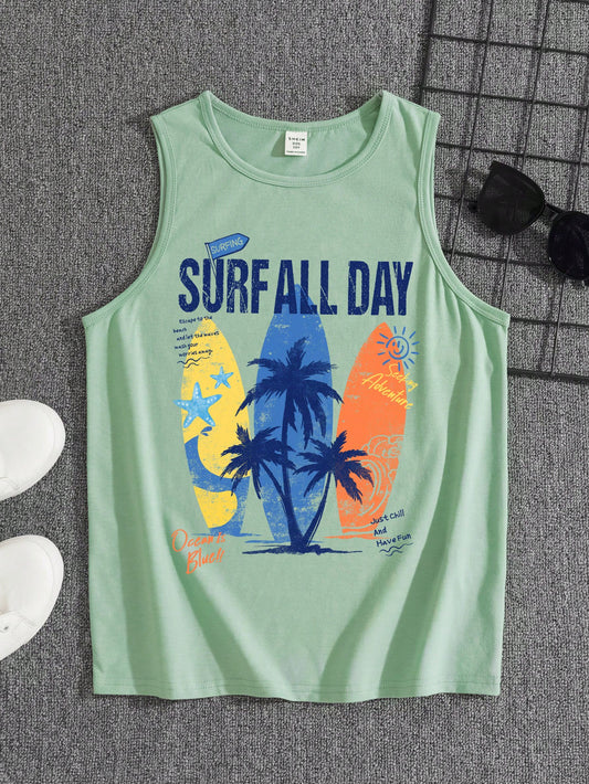 Tween Boy Summer Casual Coconut Trees Landscape Printed Round Neck Vest