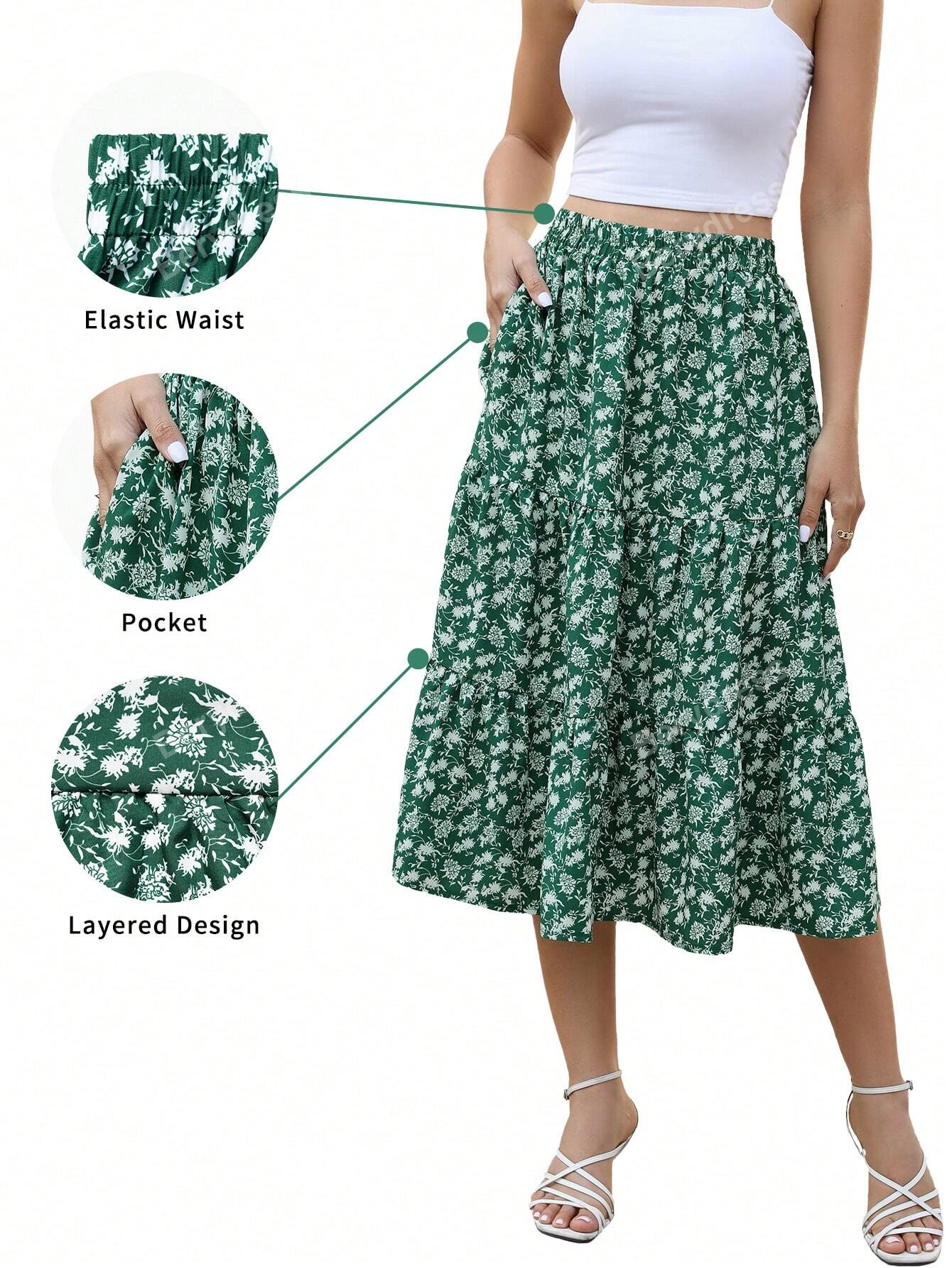 Women's Elastic Waist Layered Printed Mid-Length Casual Holiday Beach Skirt