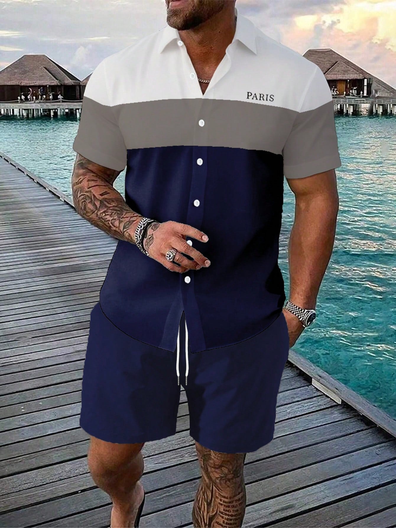 Plus Size Men's Color Block Letter Printed Short Sleeve Shirt And Drawstring Waist Shorts Casual Set, Summer