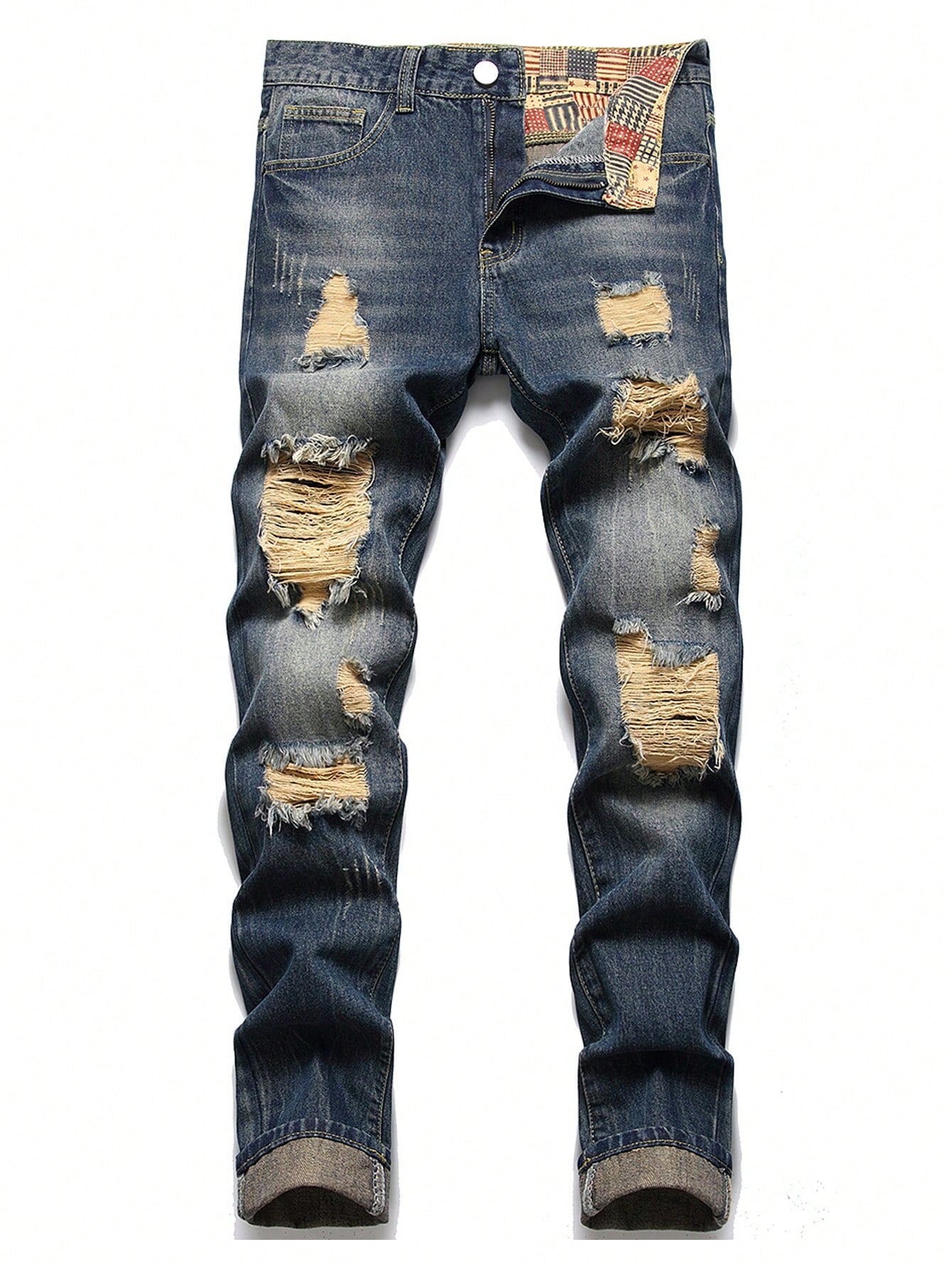 Men Cotton Ripped Straight Leg Jeans