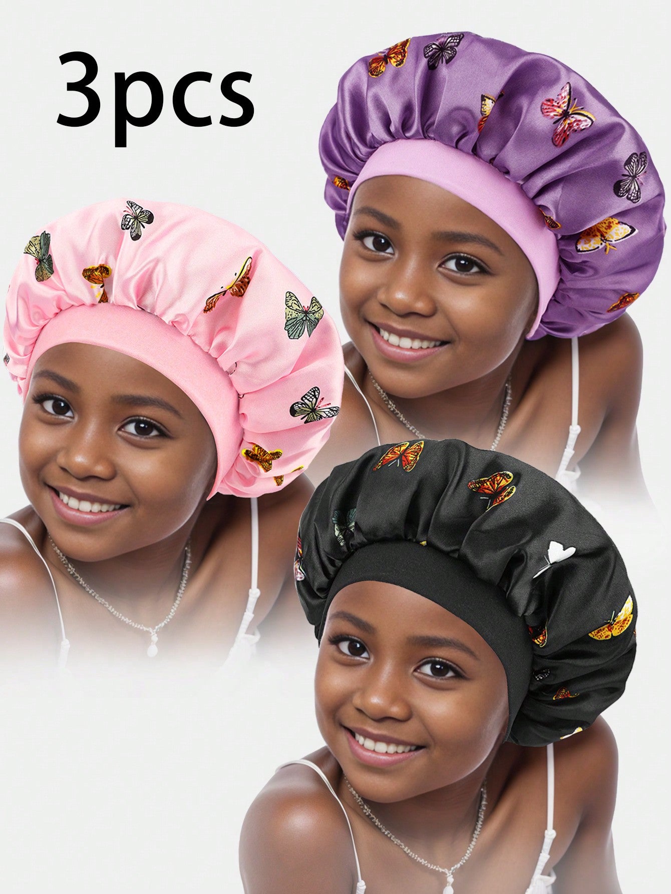 3pcs Kids' Wide Brim Butterfly Printed Bonnets With Elastic Band, Stylish Headwear For Daily Use And Sleep