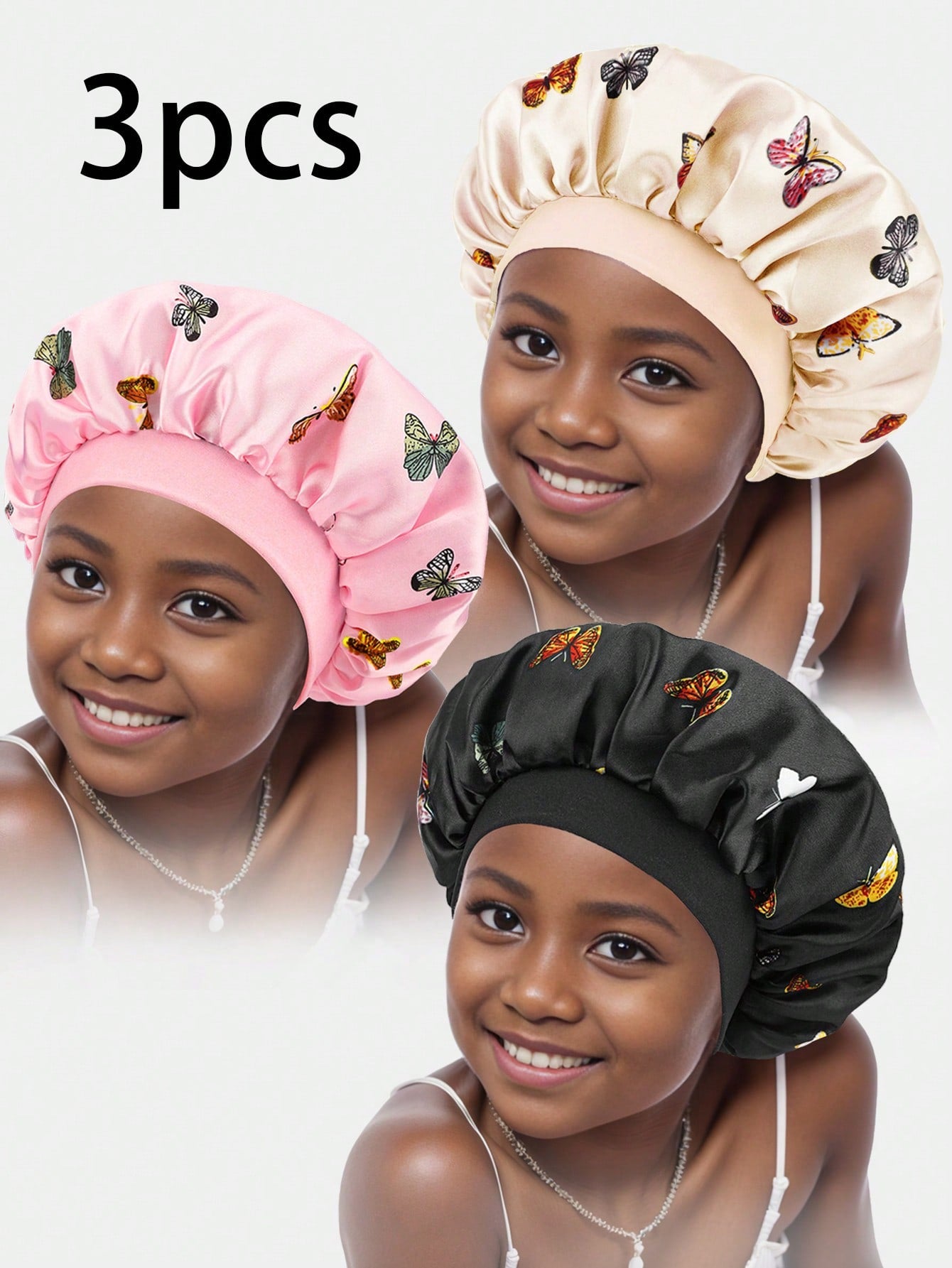 3pcs Kids' Wide Brim Butterfly Printed Bonnets With Elastic Band, Stylish Headwear For Daily Use And Sleep