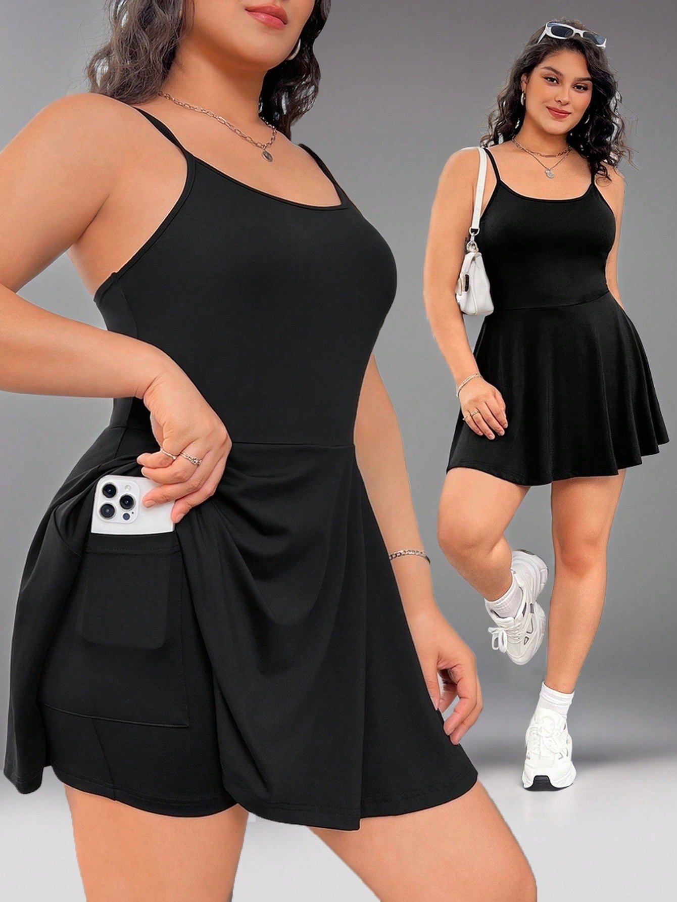 Plus Size Women's Black Sleeveless Jumpsuit For Summer, Autumn, Back-To-School, Campus, Outdoor Sports, Yoga, Casual, Daily Wear, Featuring A-Line Ruffle Hem, High Elasticity, Comfortable Fabric, Solid Color, With Pockets And Anti-Light Design