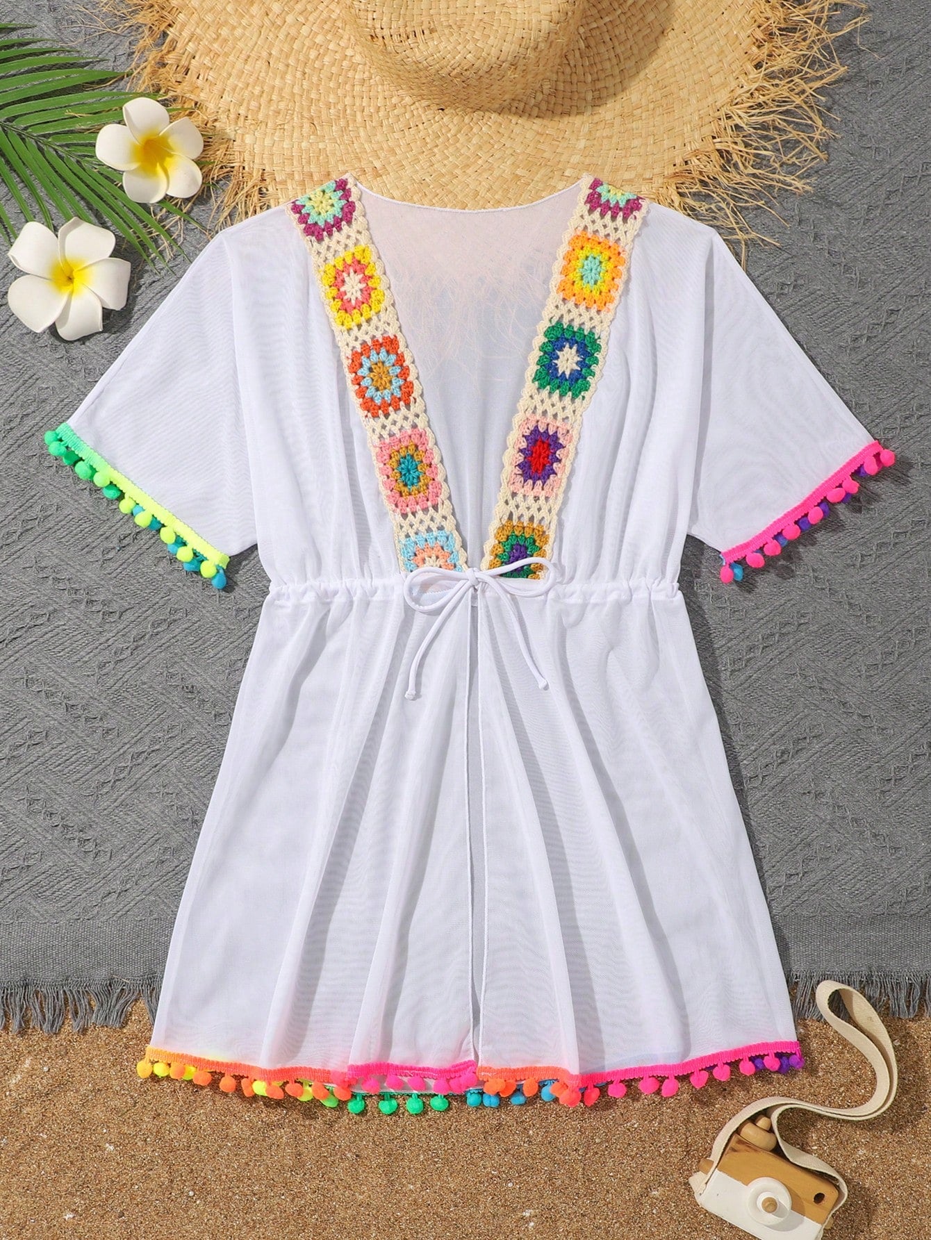 Tween Girl Crochet Patchwork Mesh Kimono Cover Up With Pom Pom Hem And Drawstring Waist