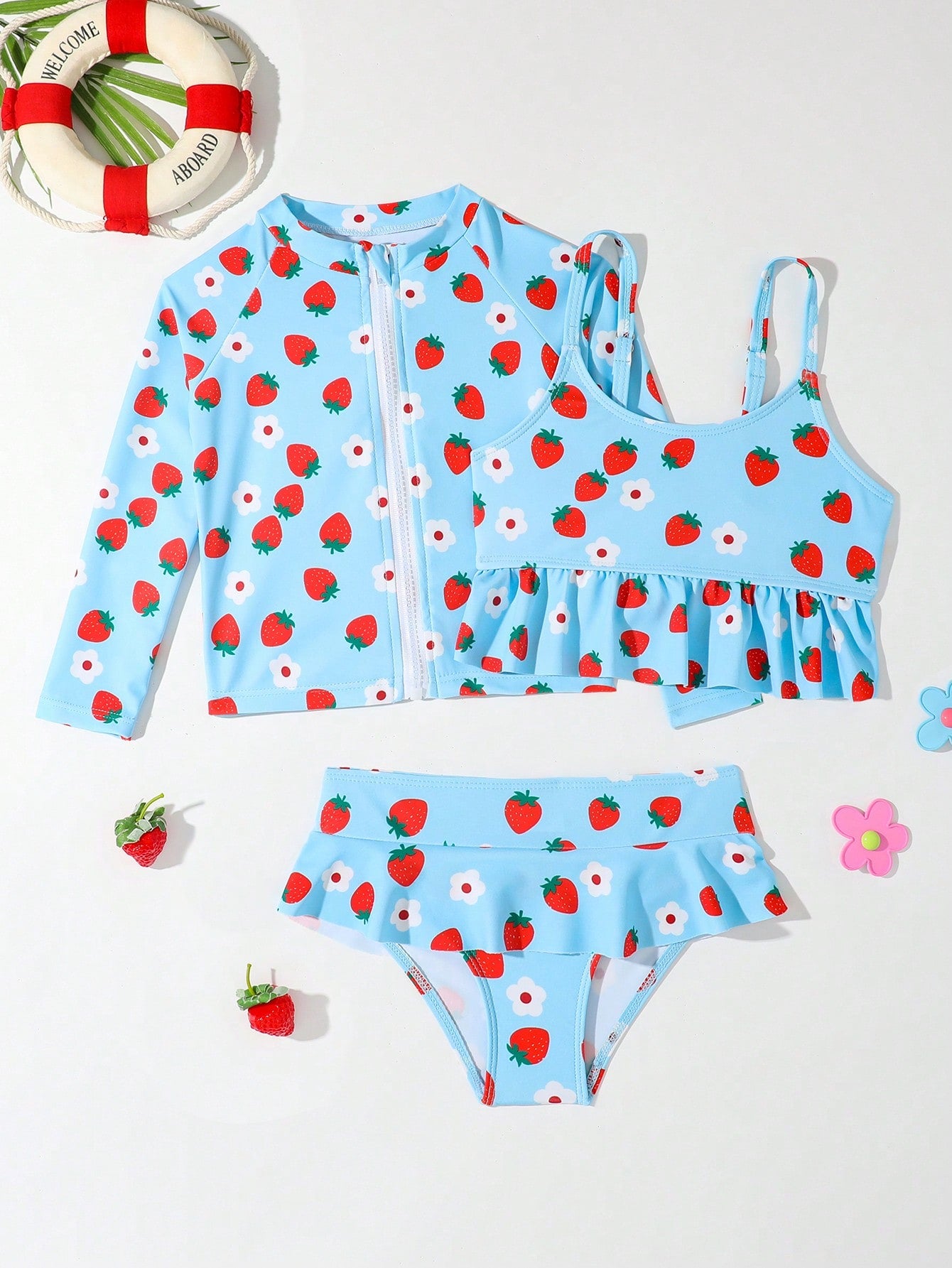 Young Girl 3packs Random Strawberry Print Bikini Set Summer Beach