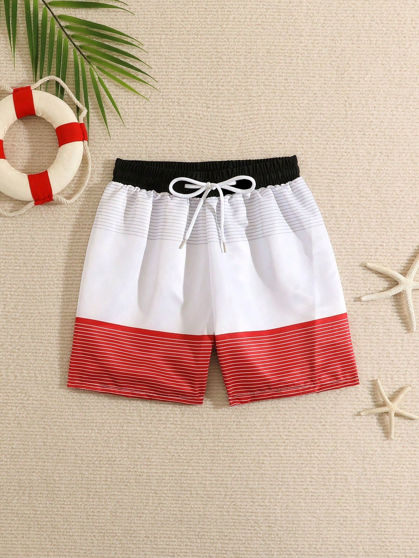 Young Boy Striped Colorblock Drawstring Waist Swim Shorts