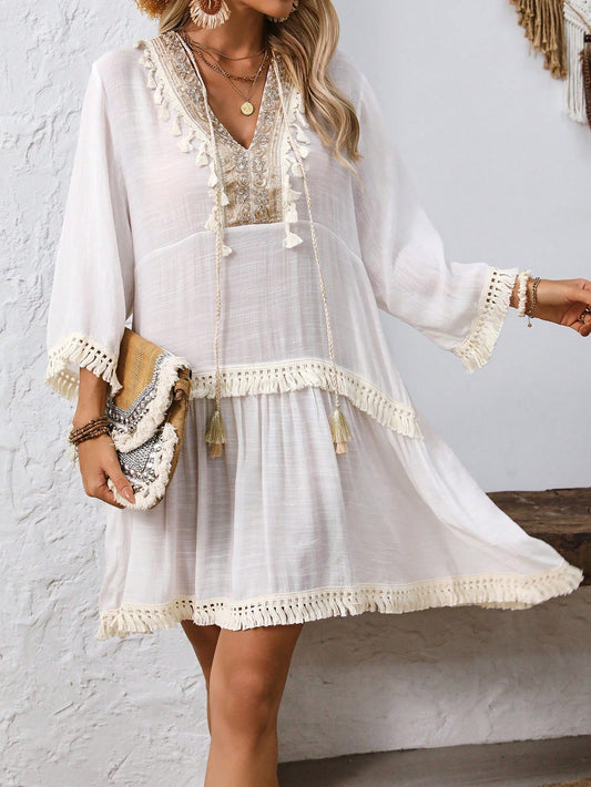 Women's V-Neck Fringe Casual Holiday Dress