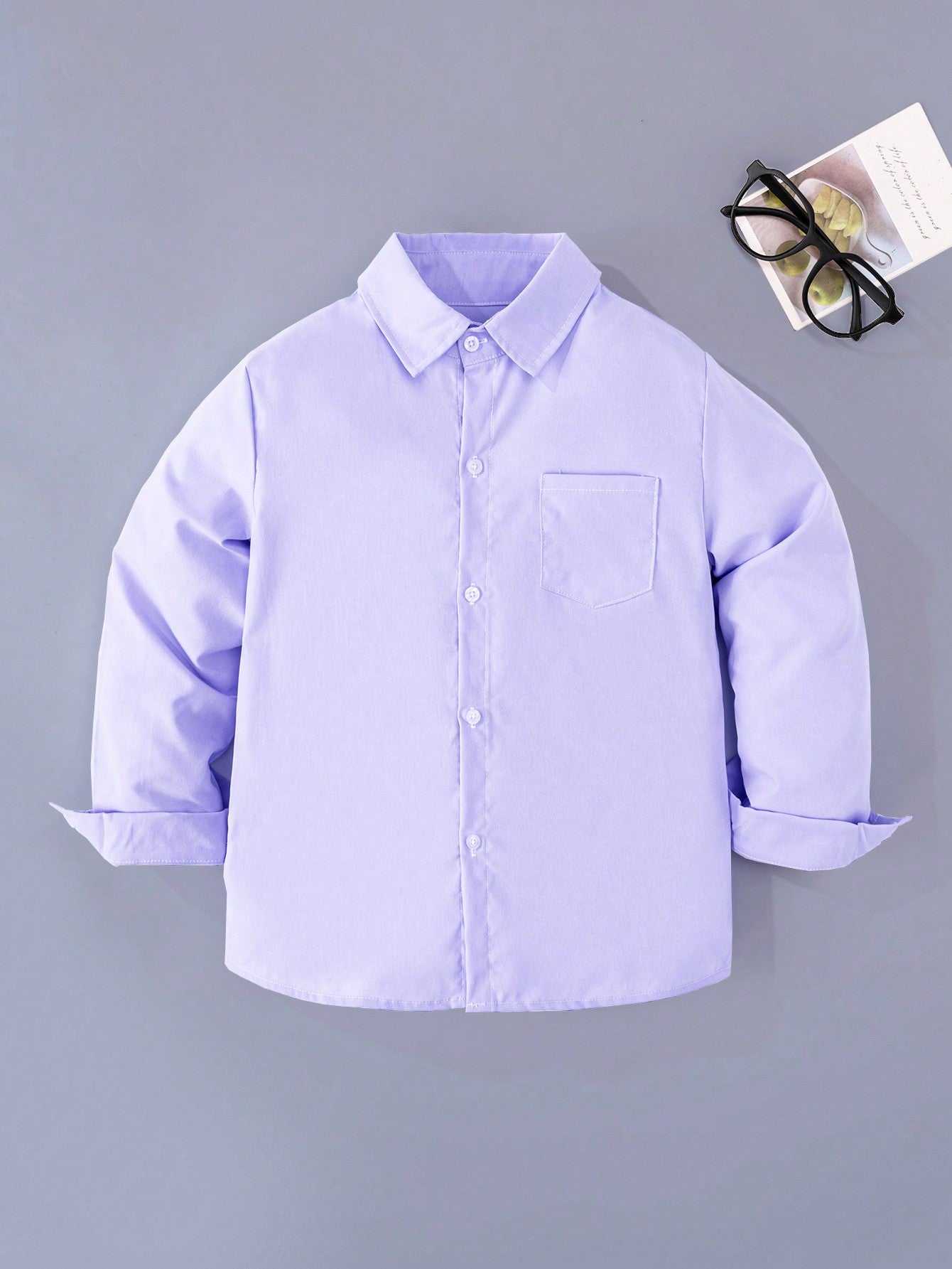 Young Boy Classic Campus Style Casual Party Floral Pocket Stick-Up Cloth Purple Long-Sleeved Formal Dress Shirt