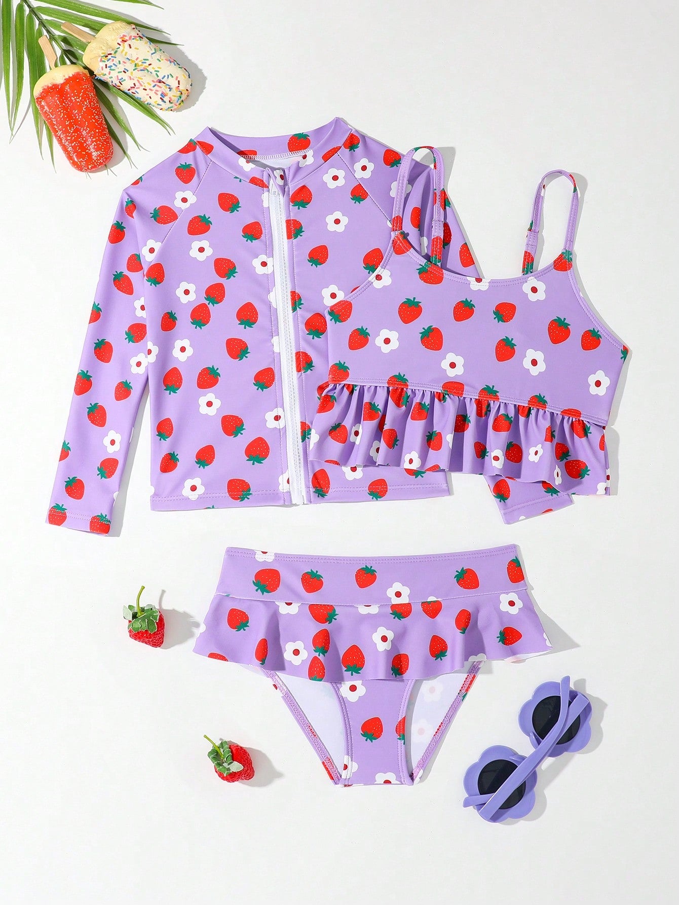 Young Girl 3packs Random Strawberry Print Bikini Set Summer Beach