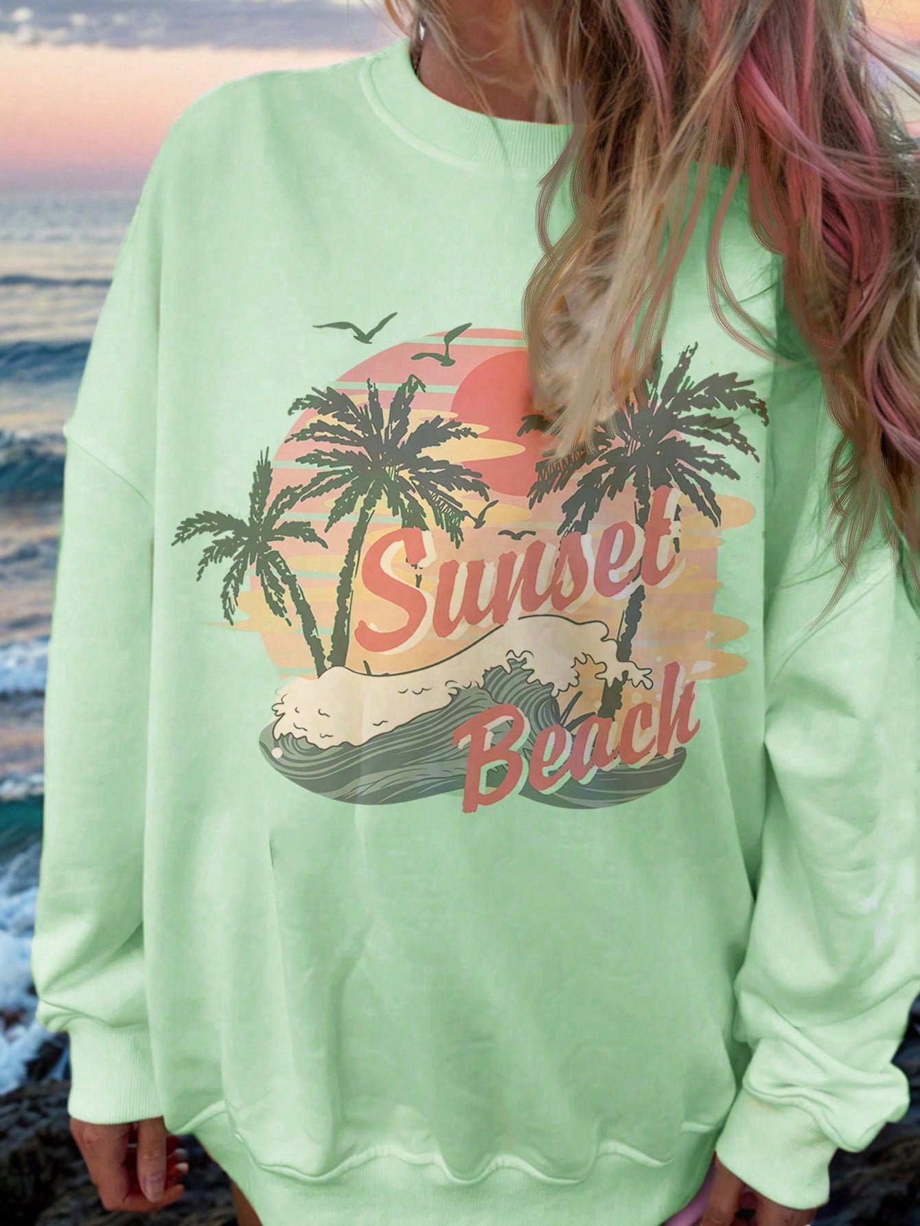 Beach Pattern & Ocean Creatures Print Casual Round Neck Casual Long Sleeve Sweatshirt For Women