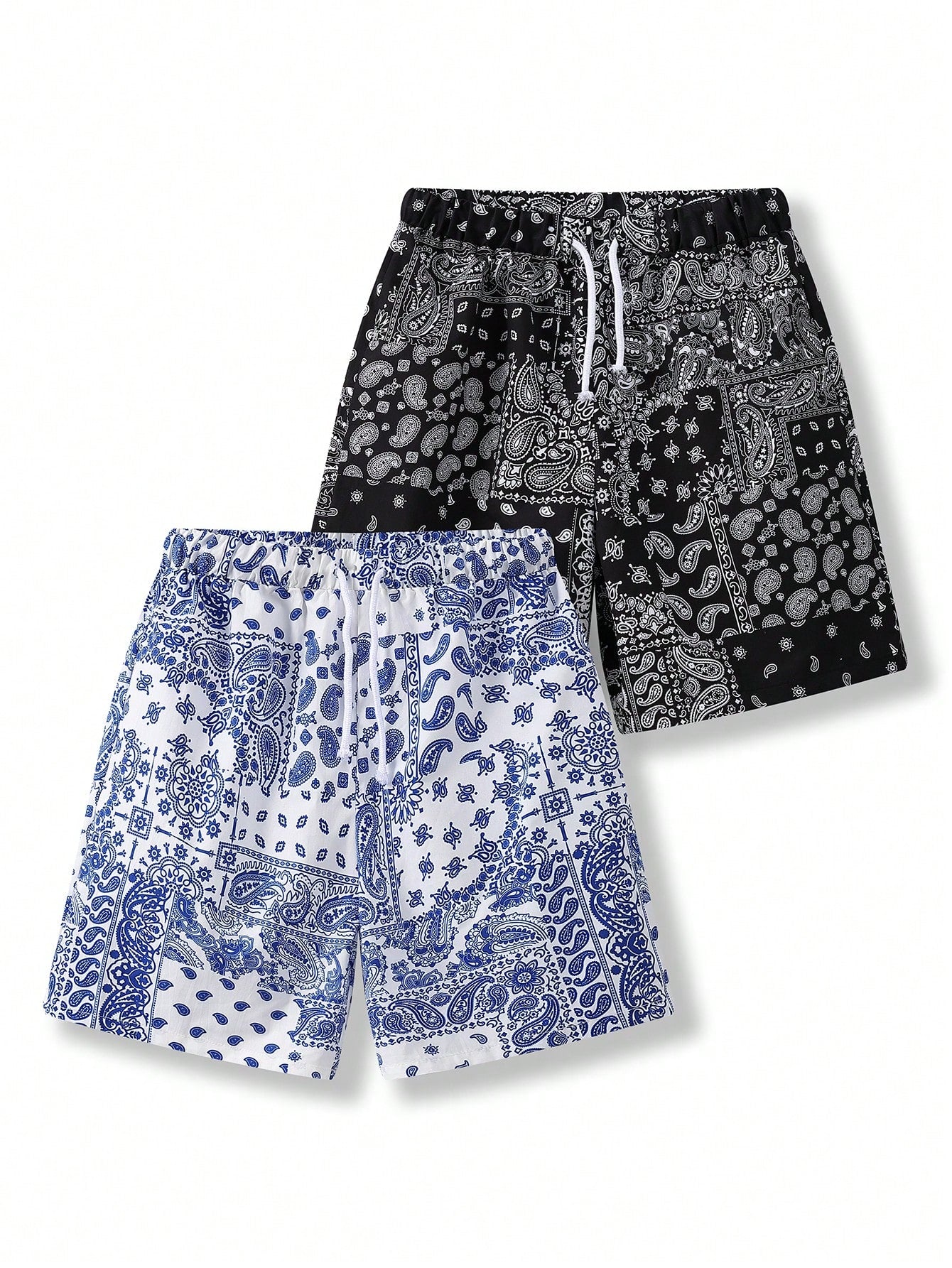 Teen Boys' Casual Fit Paisley  Pattern Full Print Shorts With Blue And Black Drawstring, Summer