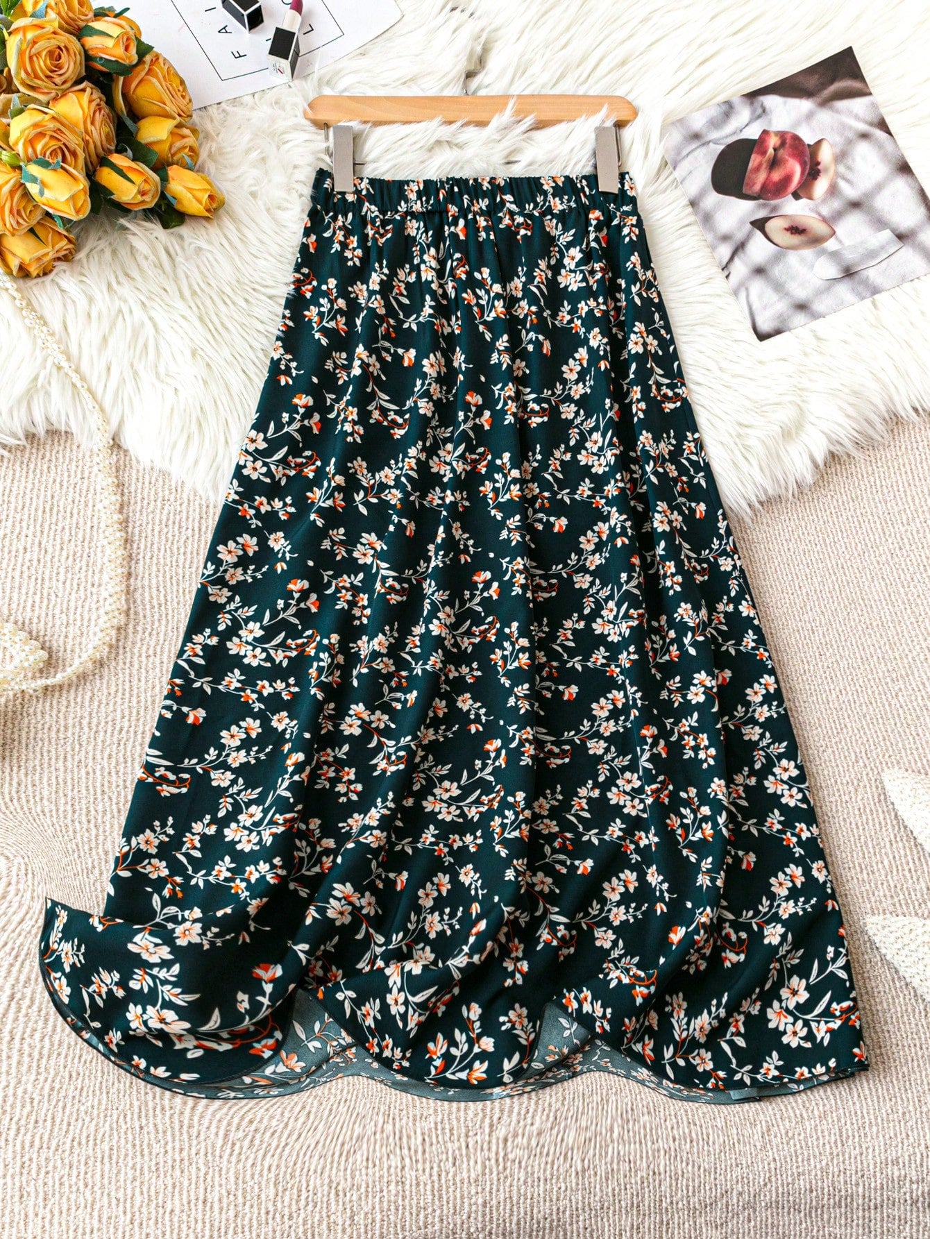 Summer Casual Elastic Waist Ditsy Floraled Skirt With Small Flower Print