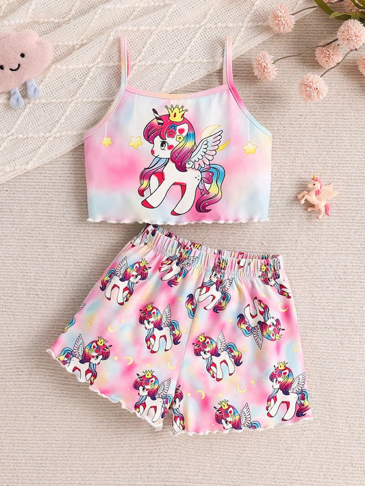 Young Girl Cute Unicorn Pattern Knitted Comfortable Flame-Retardant Two-Piece Pajama Set, Summer