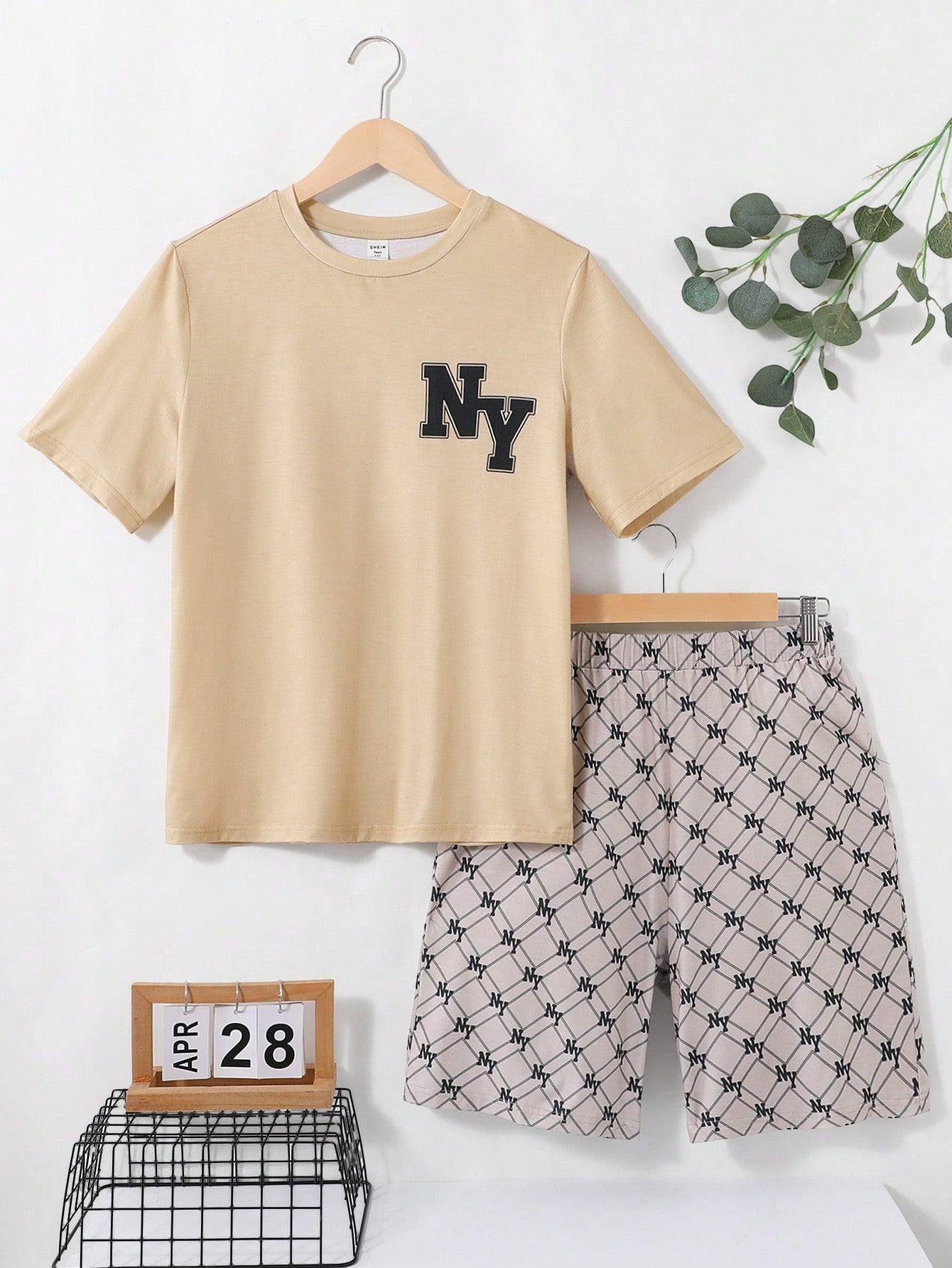 Teen Boy Letter Printed Short Sleeve Tee And Shorts Summer Knit Loose Casual Pajama Set