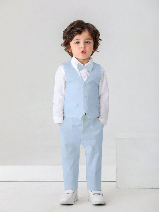 Young Boy Gentleman Three-Piece Set With Long-Sleeved White Shirt, Bow Tie, Blue Vest And Pants, Suitable For Birthday Parties, Weddings, Banquets, Performances And Other Formal Occasions